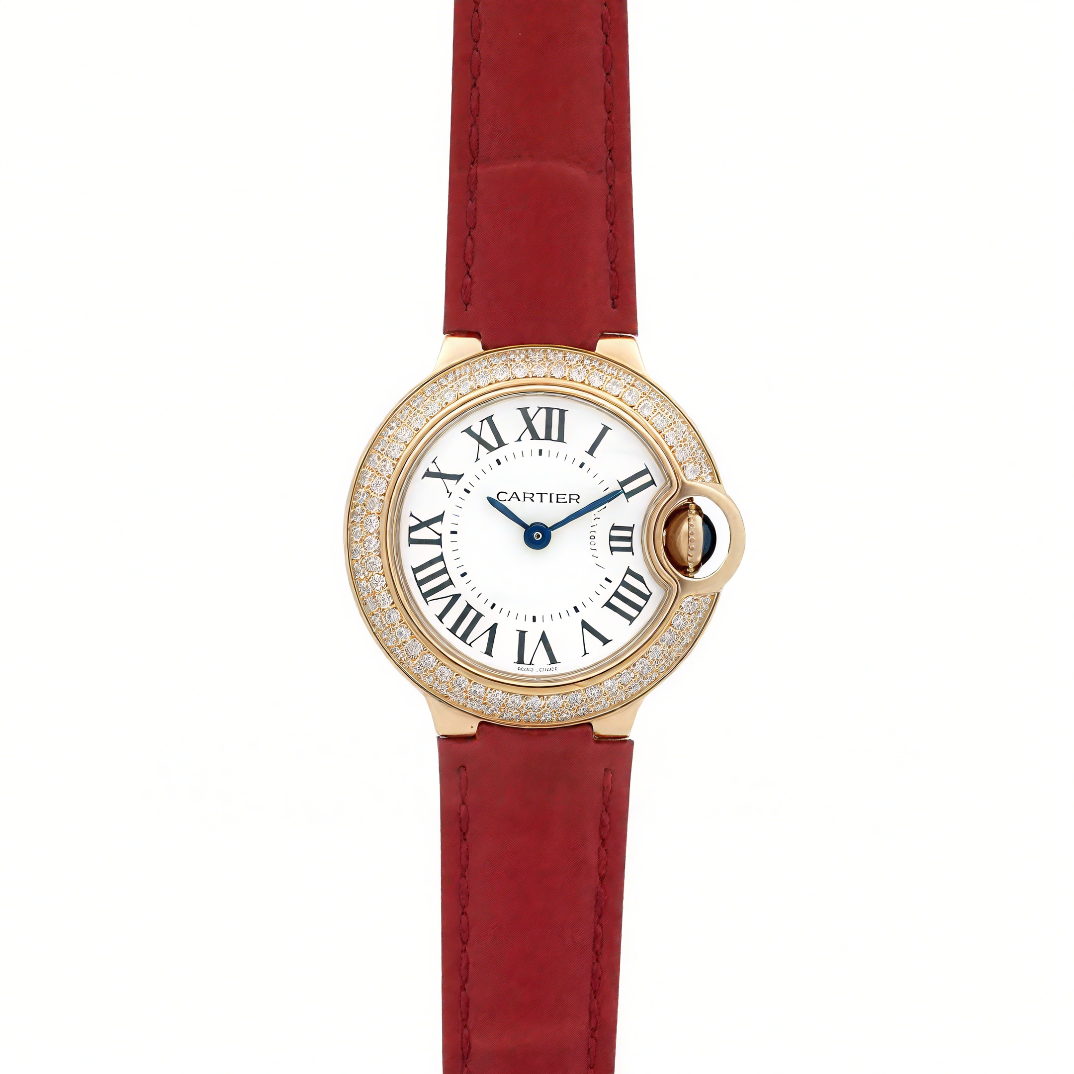 Ballon Bleu de Cartier 28mm White Dial in Gold with Diamonds on Red Leather Strap-fasswatch