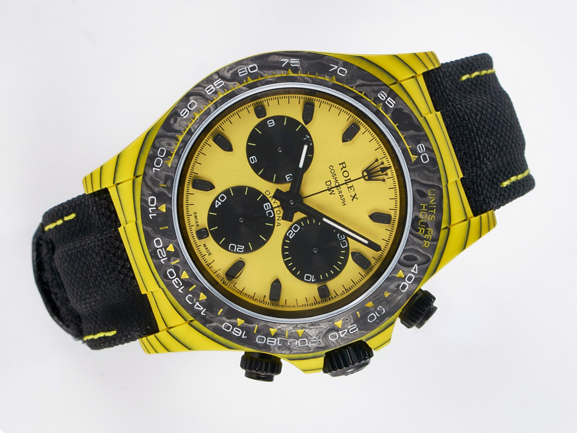 Rolex Daytona DIW Yellow Carbon Case DIWF Edition Black/White Dial on Black Nylon Strap A7750-fasswatch