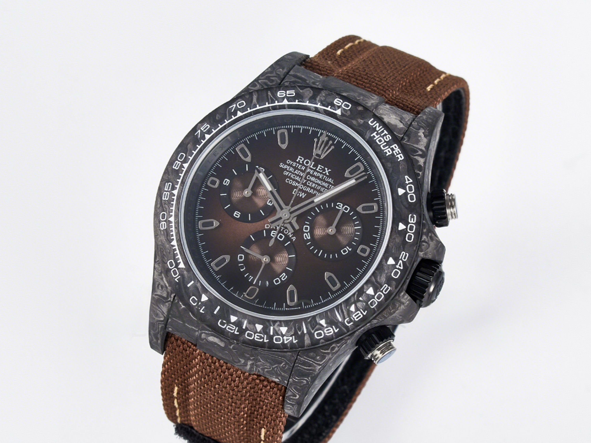 Rolex Daytona DIW Carbon/SS Case and Bezel DIWF Edition Brown Dial on Brown Nylon Strap A7750-fasswatch