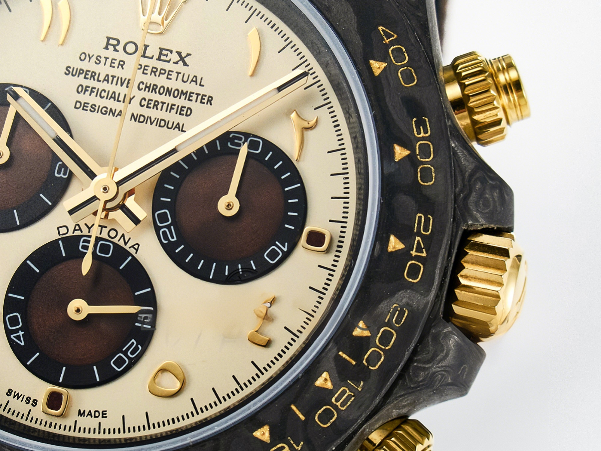 Rolex Daytona DIW Carbon Case and Bezel DIWF Edition Yellow Arabic Dial on Brown Nylon Strap A7750-fasswatch