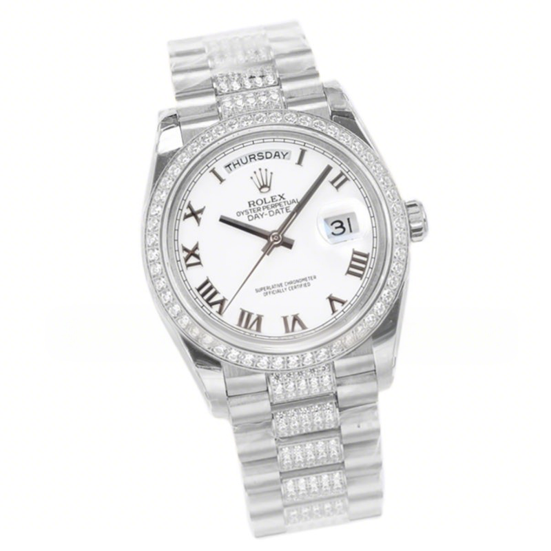 Rolex Day-Date 36 128349RBR White Dial with Diamond Bezel in White Gold-fasswatch