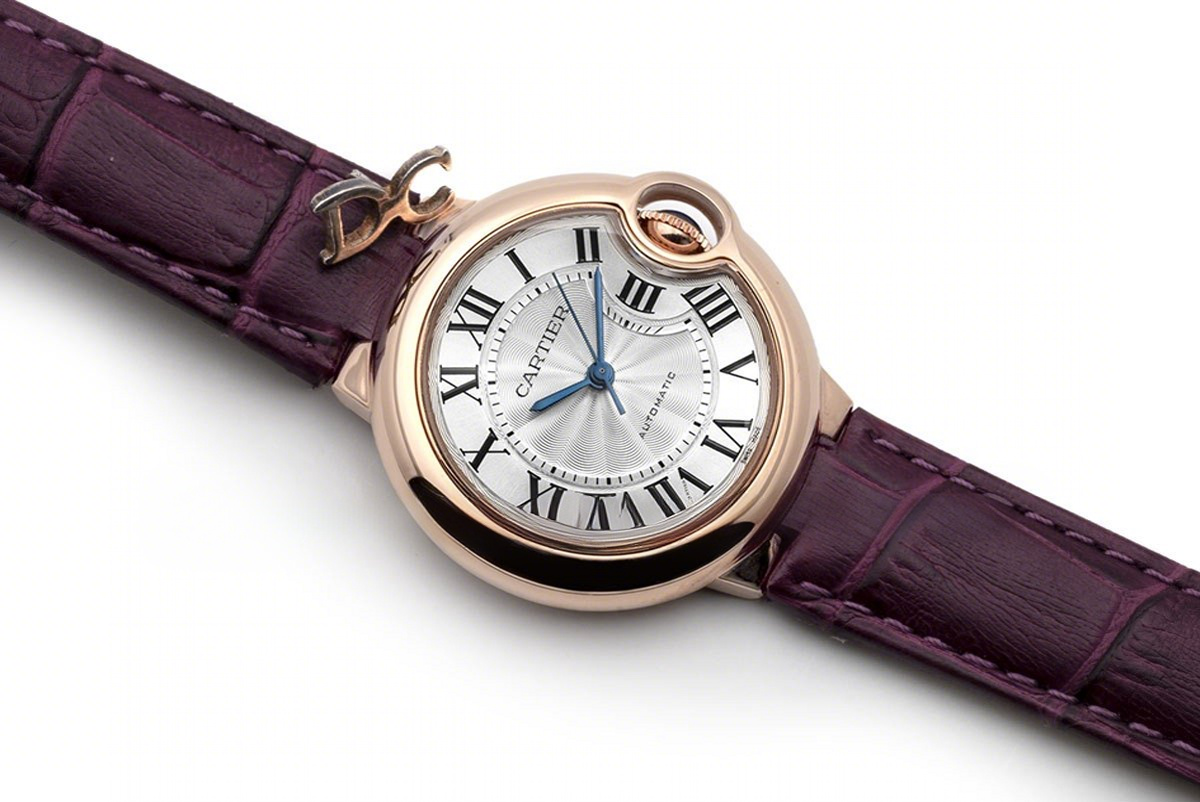 Cartier Ballon Bleu De Cartier 36mm Silver Dial in Pink Gold on Purple Leather Strap-fasswatch