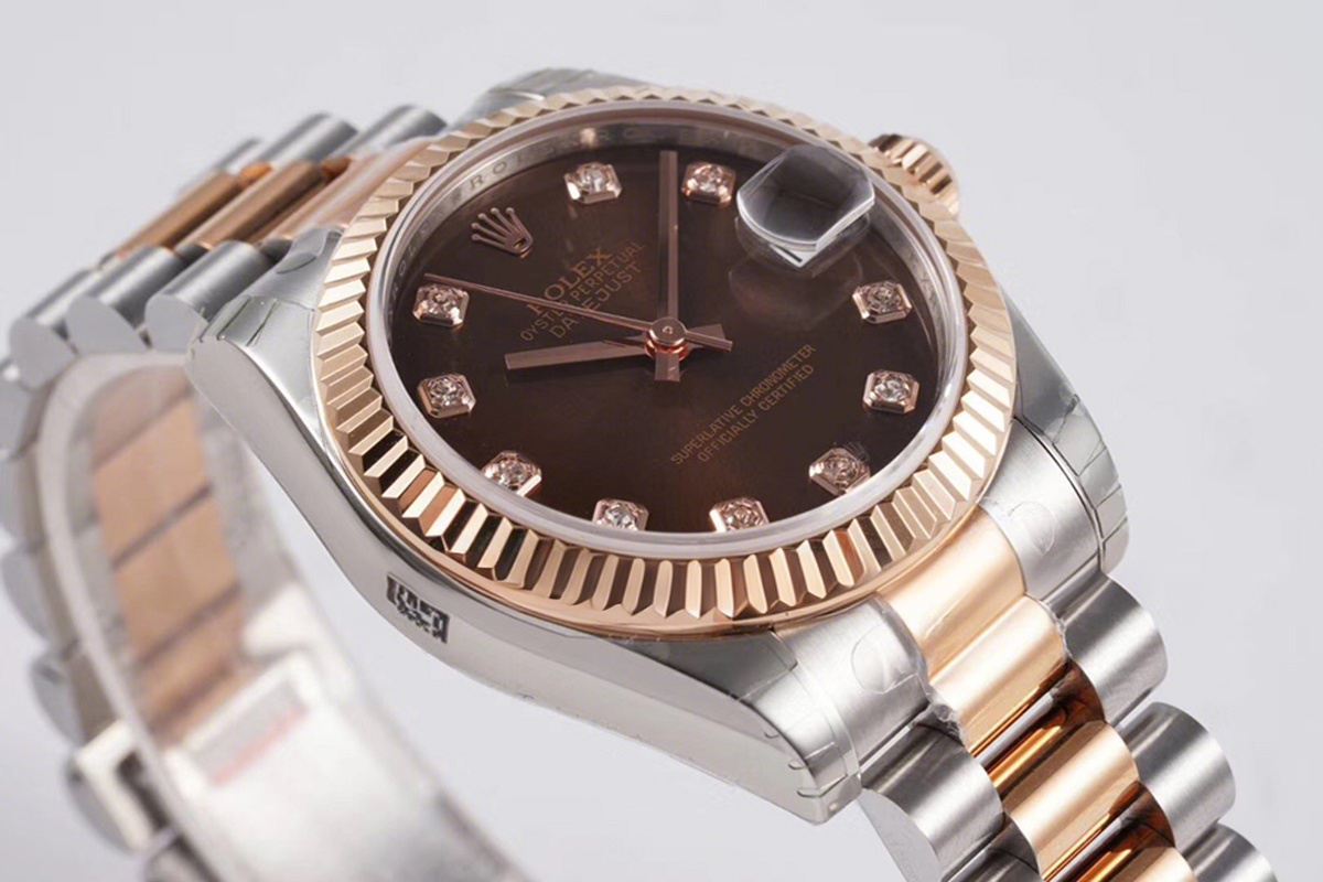 Rolex Datejust 31 Chocolate Dial Diamond Markers in Everose Gold/Steel on President Bracelet-fasswatch