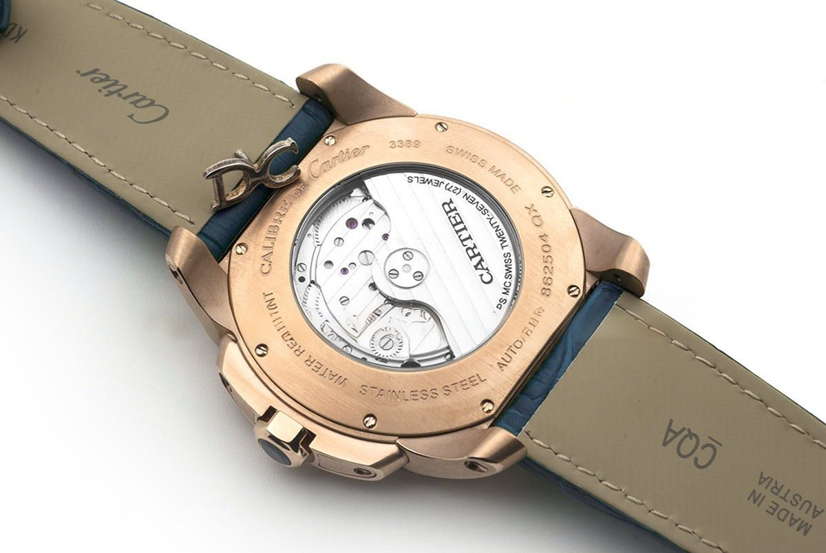 Calibre de Cartier White Dial in Rose Gold on Blue Leather Strap-fasswatch