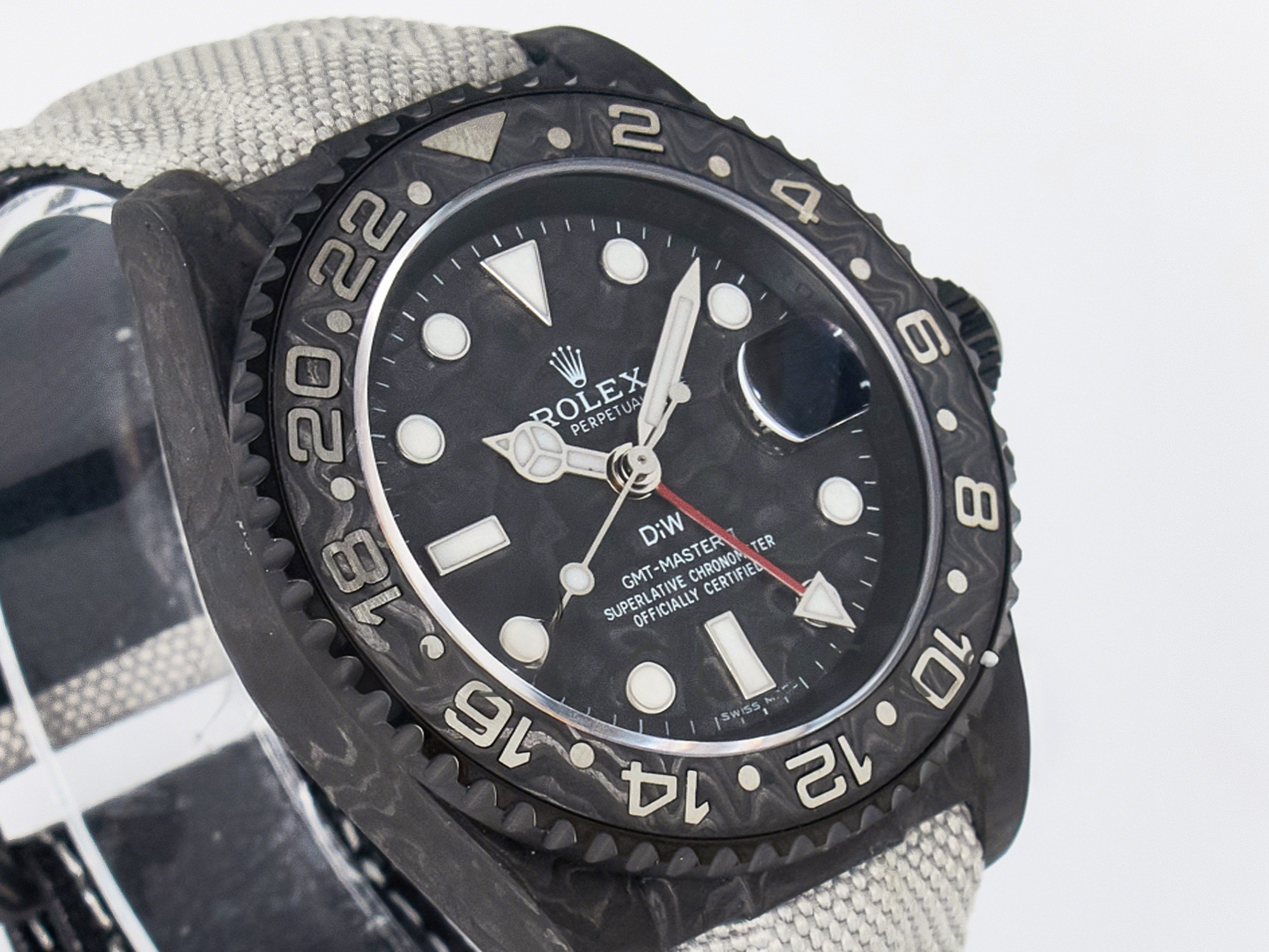 Rolex GMT Carbon DIWF Best Edition Black Carbon Dial SS Markers on White Nylon Strap SA3285 CHS V2-fasswatch