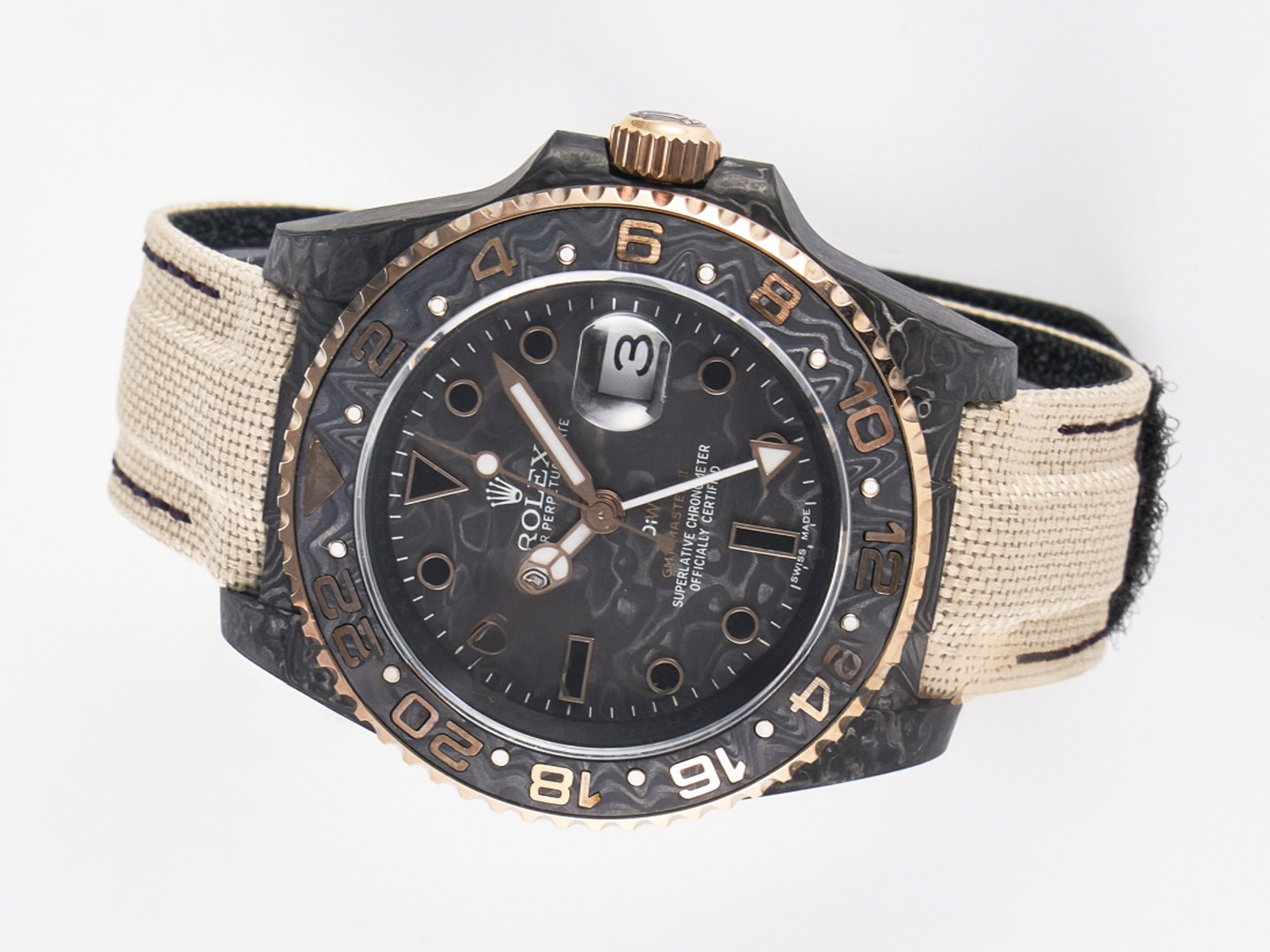 Rolex GMT Carbon DIWF Best Edition Black Carbon Dial RG Markers on Beige Nylon Strap SA3186 CHS-fasswatch