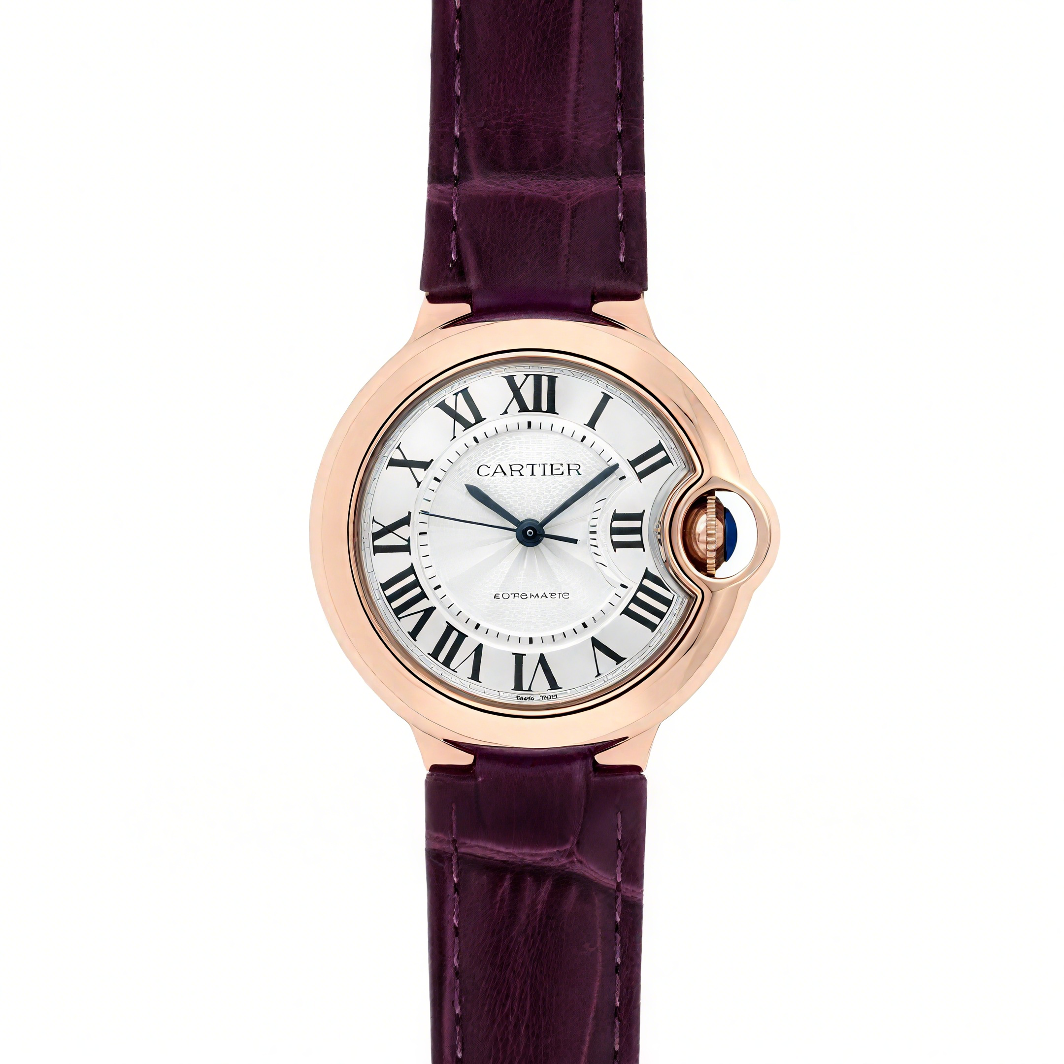 Cartier Ballon Bleu De Cartier 36mm Silver Dial in Pink Gold on Purple Leather Strap-fasswatch