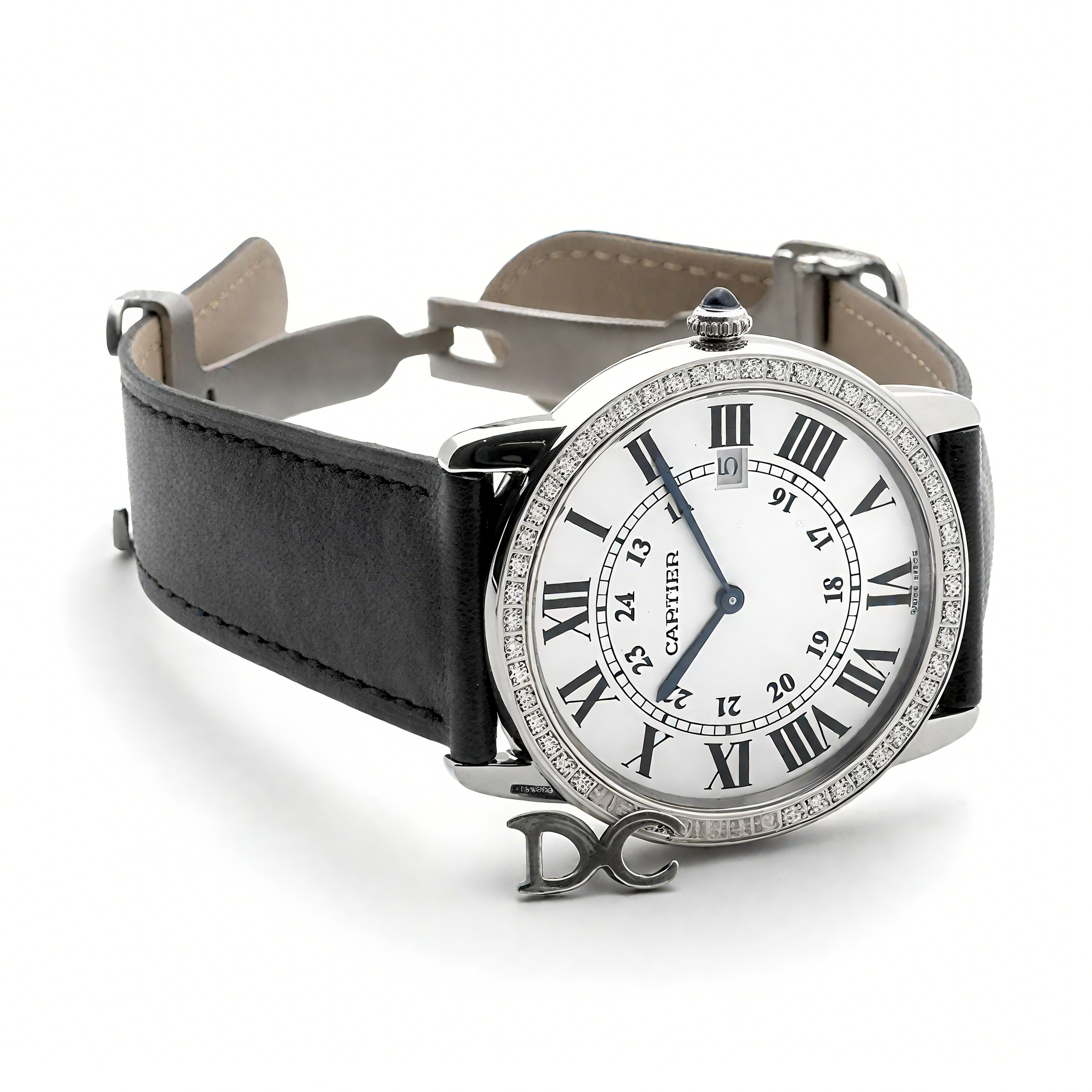 Cartier Ronde Louis Cartier Watch 36mm White Dial in White Gold on Black Leather Strap-fasswatch