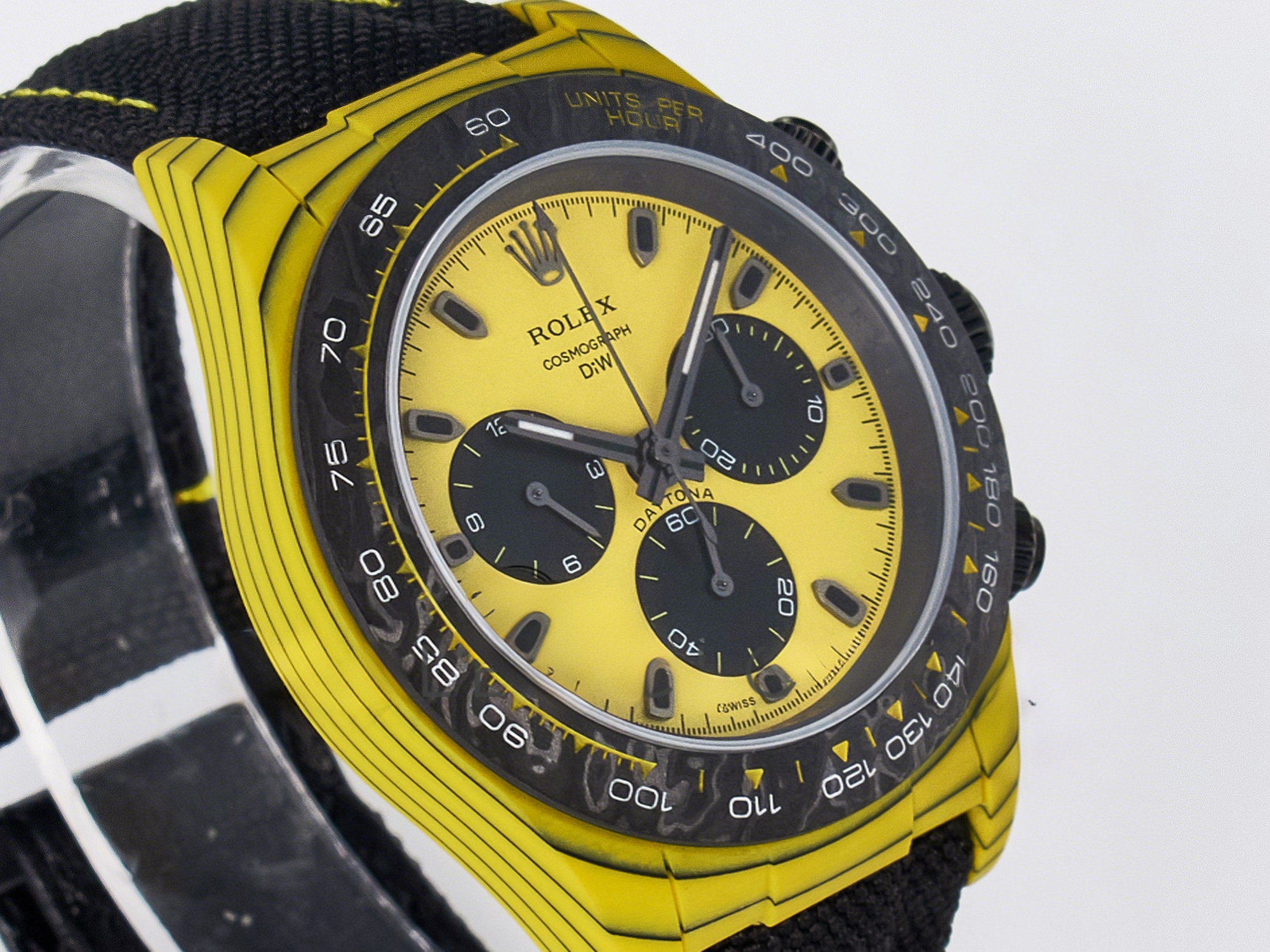 Rolex Daytona DIW Yellow Carbon Case DIWF Edition Black/White Dial on Black Nylon Strap A7750-fasswatch