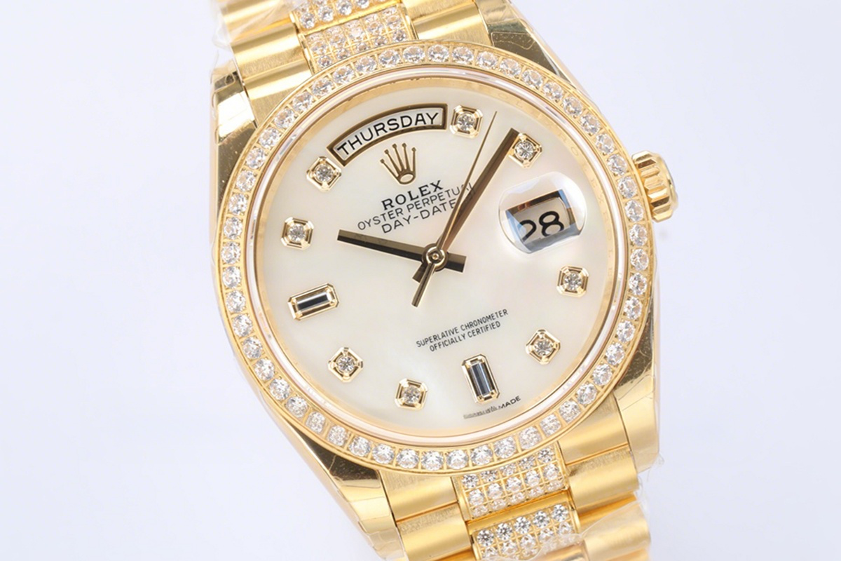 Rolex Day-Date 36 128348RBR MOP Dial with Diamond Bezel in Yellow Gold-fasswatch