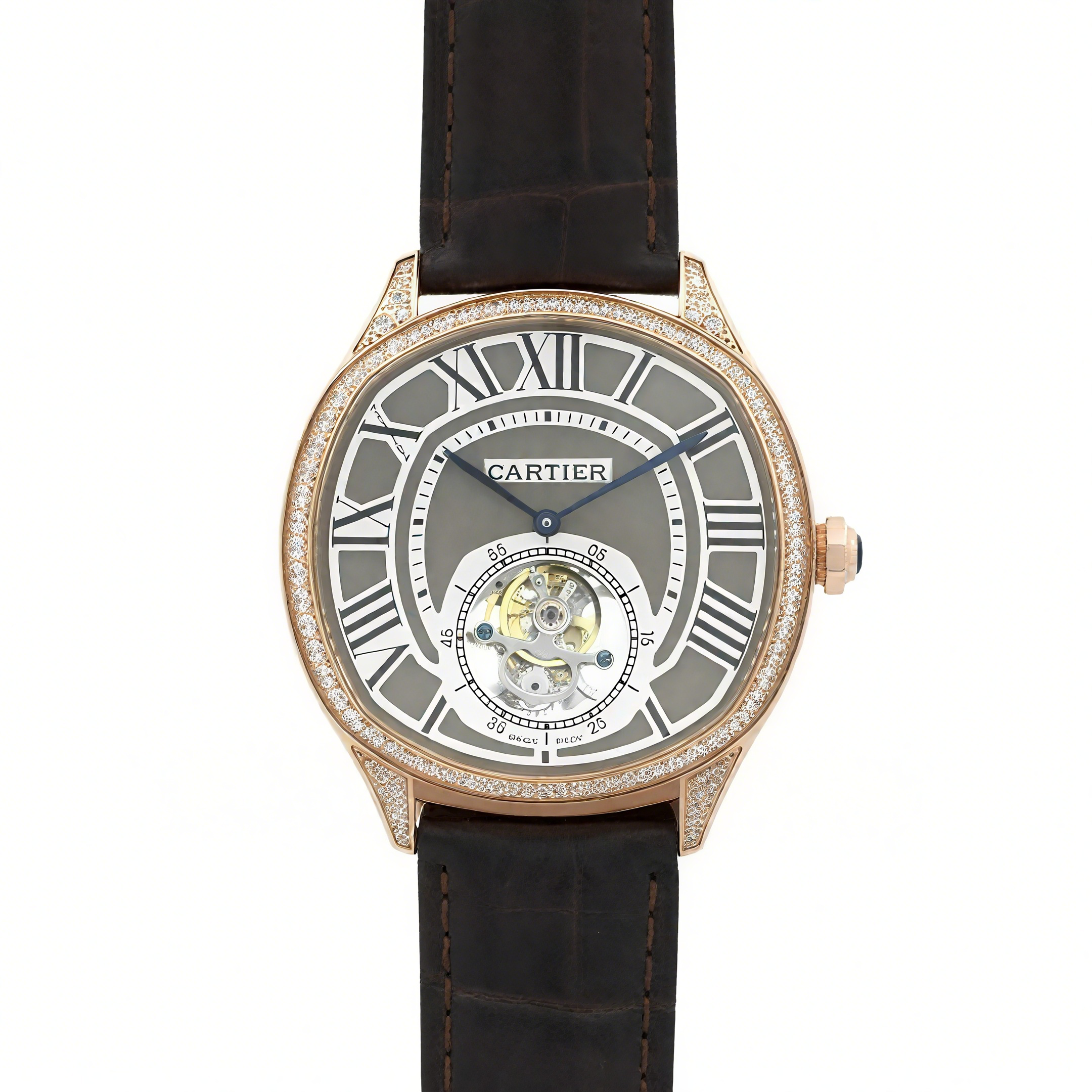 Cartier Drive de Cartier Tourbillon Grey Dial with Diamond Bezel in Rose Gold on Black Leather Strap-fasswatch