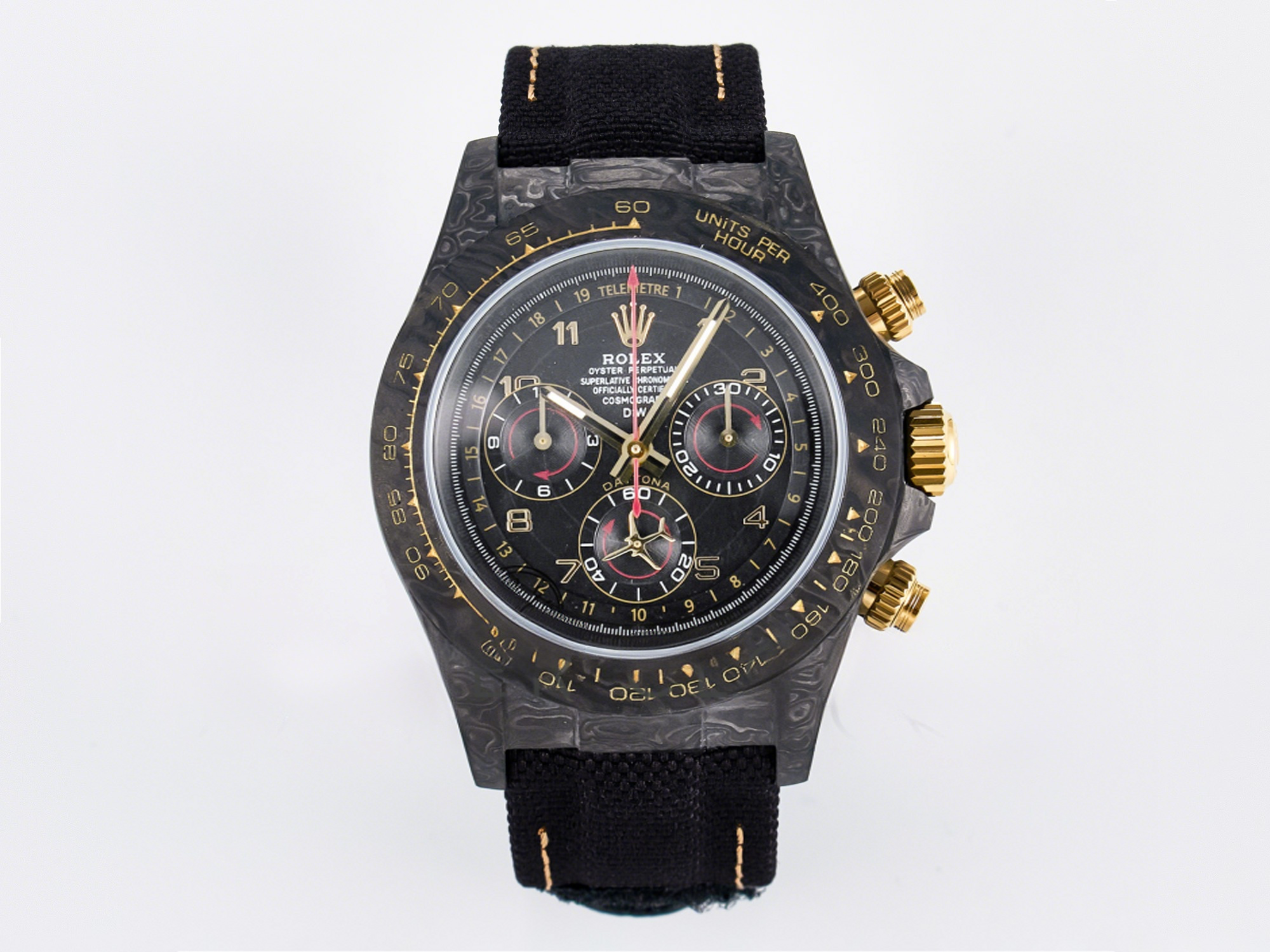 Rolex Daytona DIW “AVIA BLACK” Carbon DIWF 1:1 Best Edition Black/Red Dial on Black/Yellow Nylon Strap SH4130-fasswatch