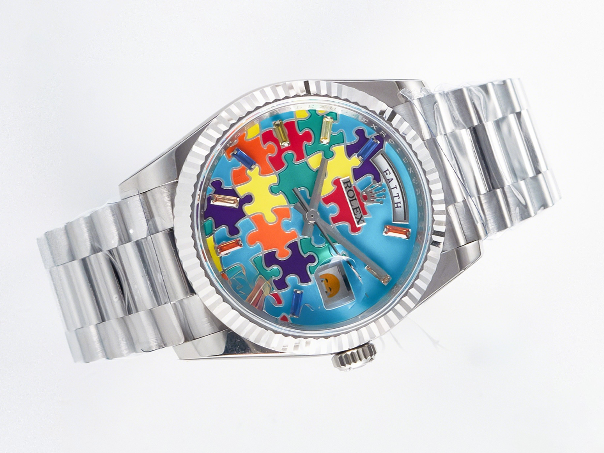 Rolex Daydate 128239 36mm Colour Jigsaw Puzzle SS QHF Best Edition Turquoise Blue Dial on SS President Bracelet A2834-fasswatch