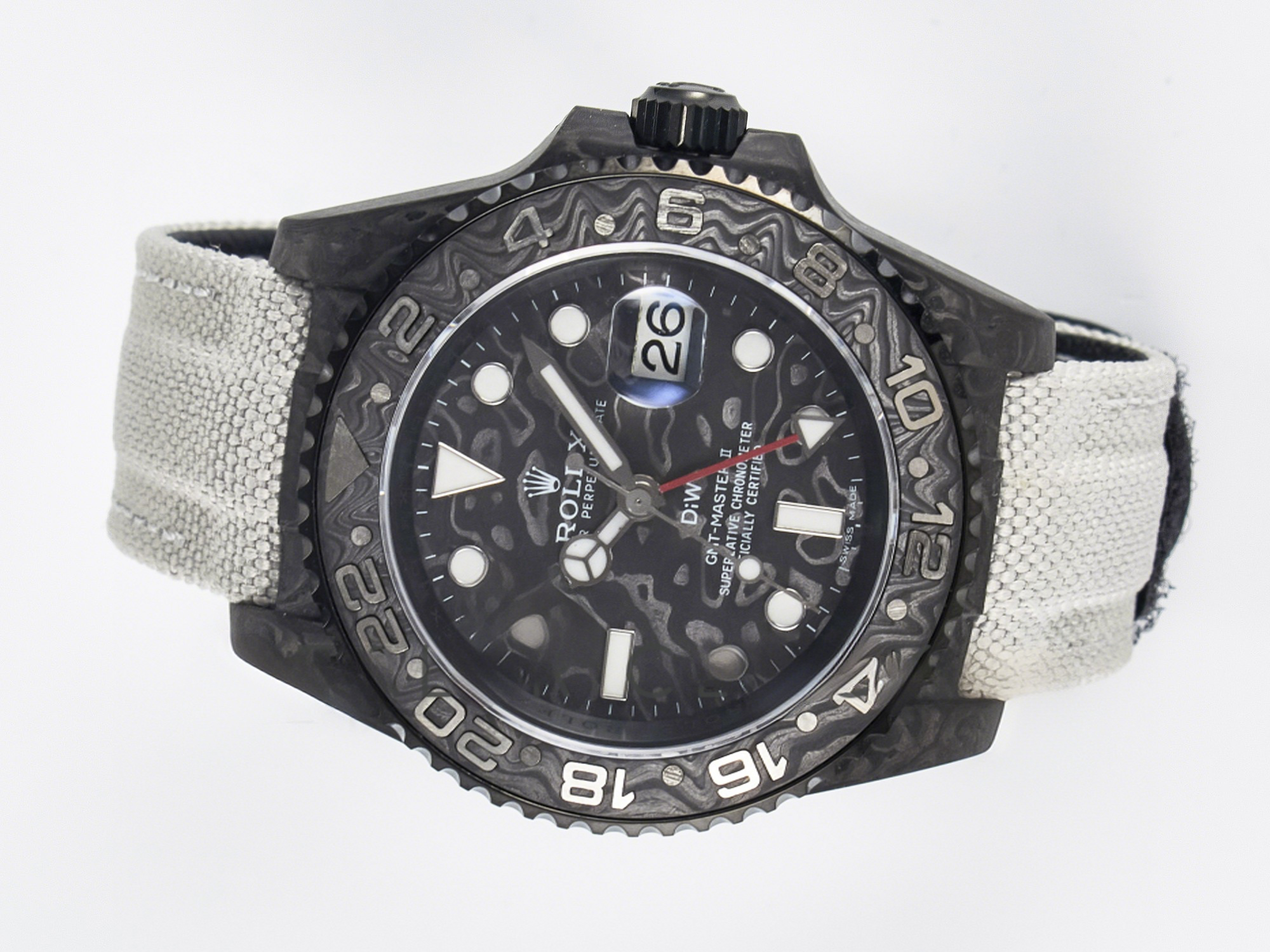 Rolex GMT Carbon DIWF Best Edition Black Carbon Dial SS Markers on White Nylon Strap SA3285 CHS V2-fasswatch