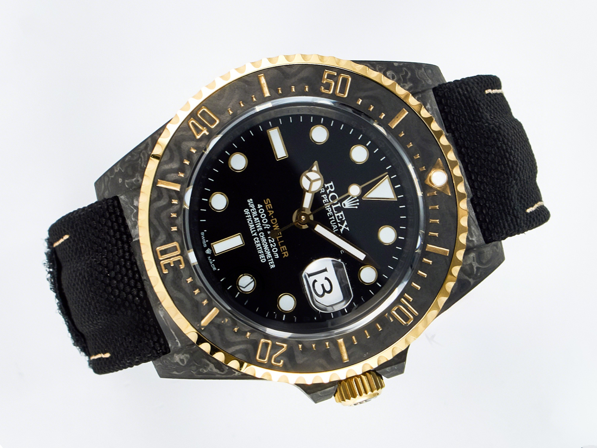 Rolex Sea Dweller 43mm Carbon DIWF Best Edition Black Dial YG Bezel on Black Nylon Strap A2824-fasswatch