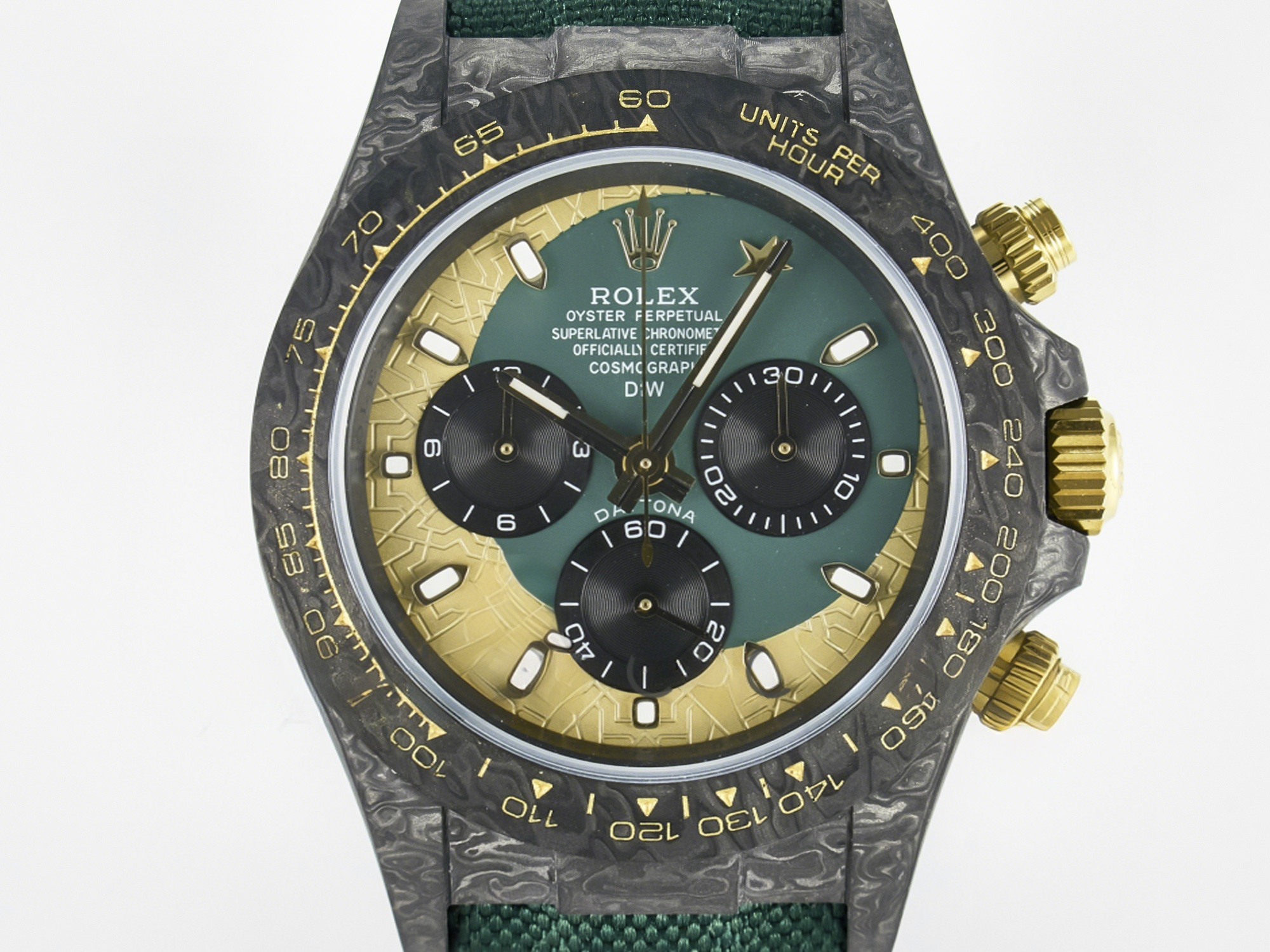 Rolex Daytona DIW Carbon Case and Bezel DIWF Edition Green/YG Dial on Green Nylon Strap A7750-fasswatch