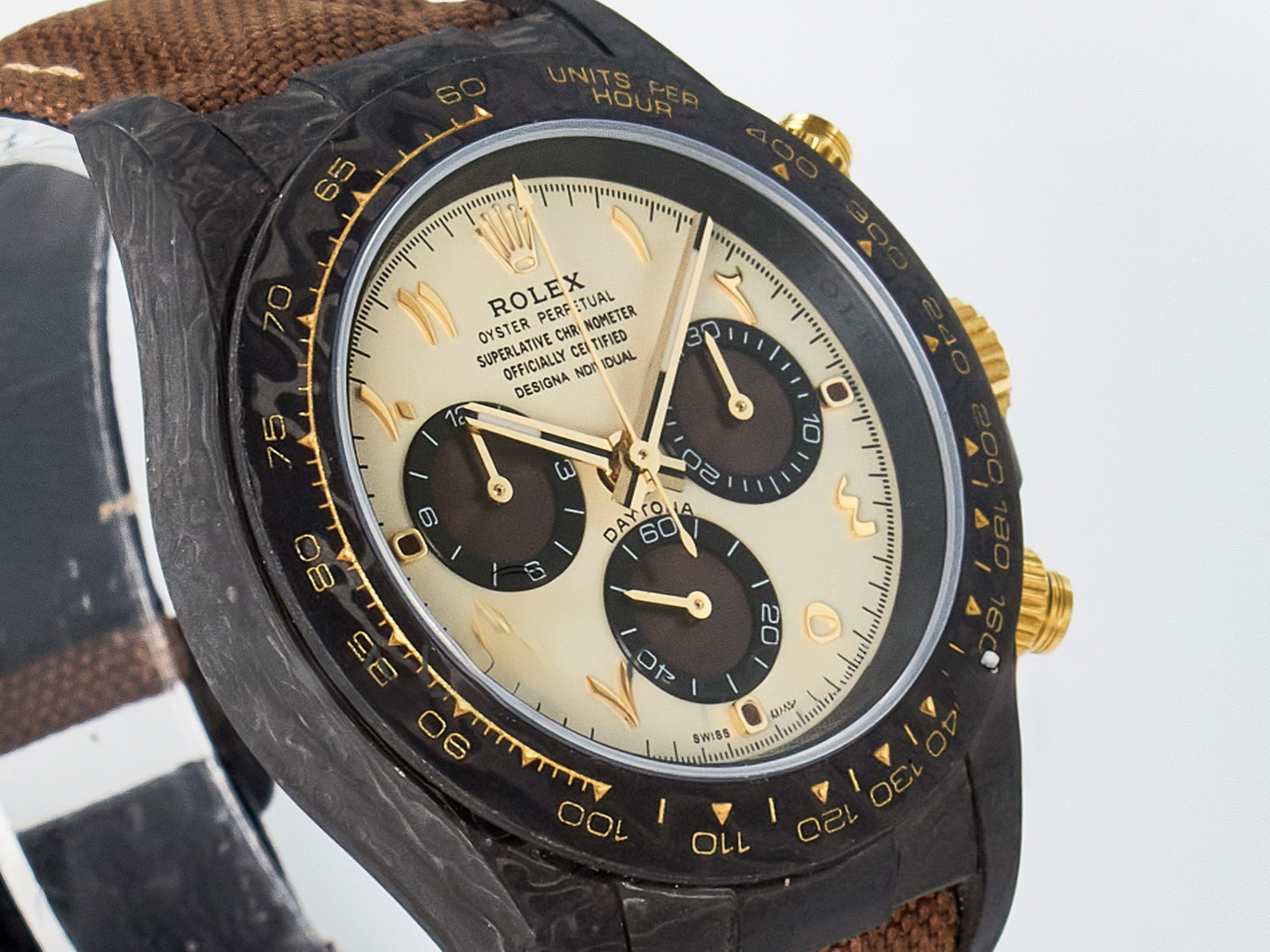 Rolex Daytona DIW Carbon Case and Bezel DIWF Edition Yellow Arabic Dial on Brown Nylon Strap A7750-fasswatch