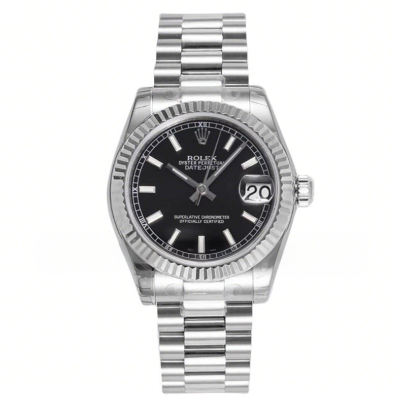 Rolex Datejust 31 Black Dial Stick Markers in Steel on President Bracelet-fasswatch
