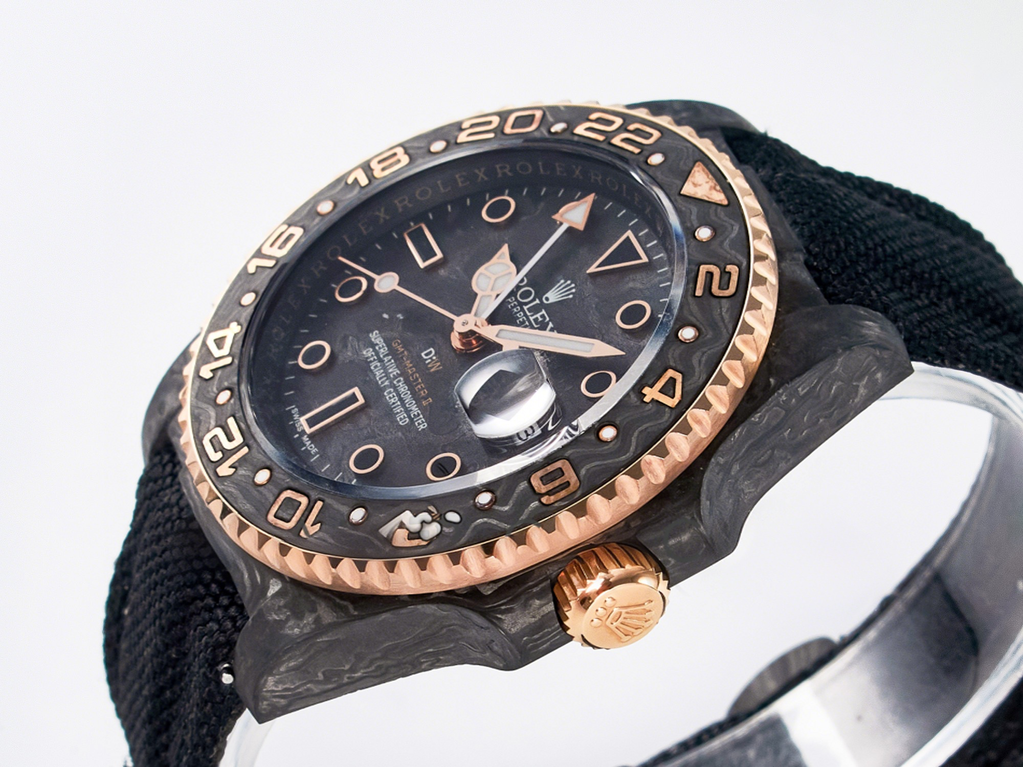 Rolex GMT Carbon DIWF Best Edition Black Carbon Dial RG Markers on Black Nylon Strap SA3186 CHS-fasswatch