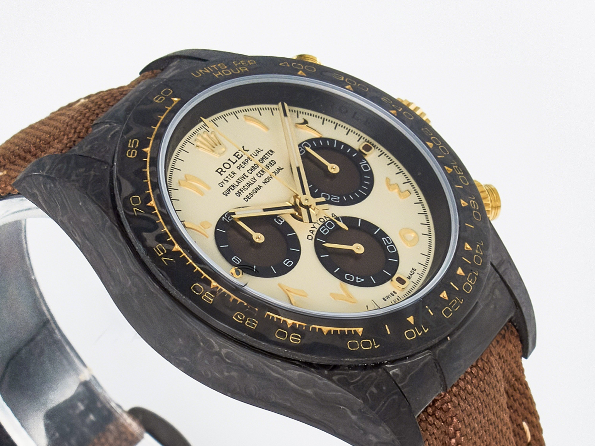 Rolex Daytona DIW Carbon Case and Bezel DIWF Edition Yellow Arabic Dial on Brown Nylon Strap A7750-fasswatch