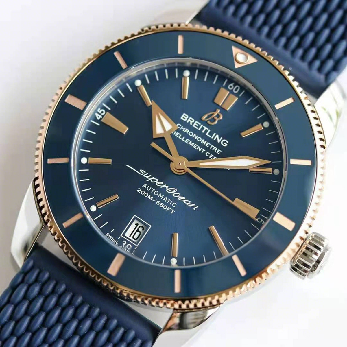 Breitling Superocean Heritage II B20 Automatic 42mm in Blue Dial on Blue and Rose Gold Bezel on Rubber Strap-fasswatch