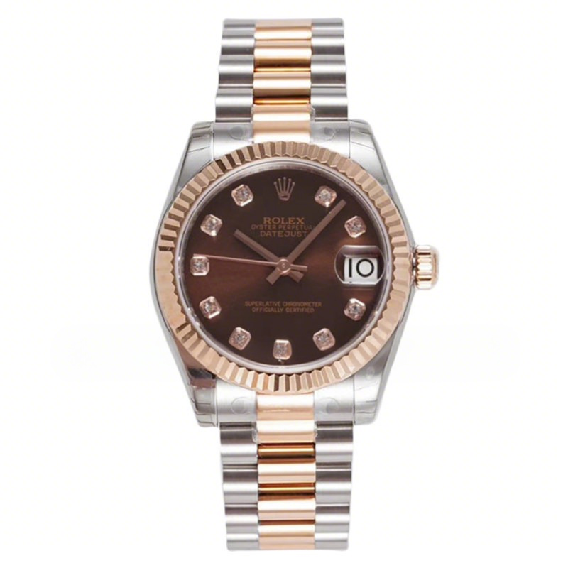 Rolex Datejust 31 Chocolate Dial Diamond Markers in Everose Gold/Steel on President Bracelet-fasswatch