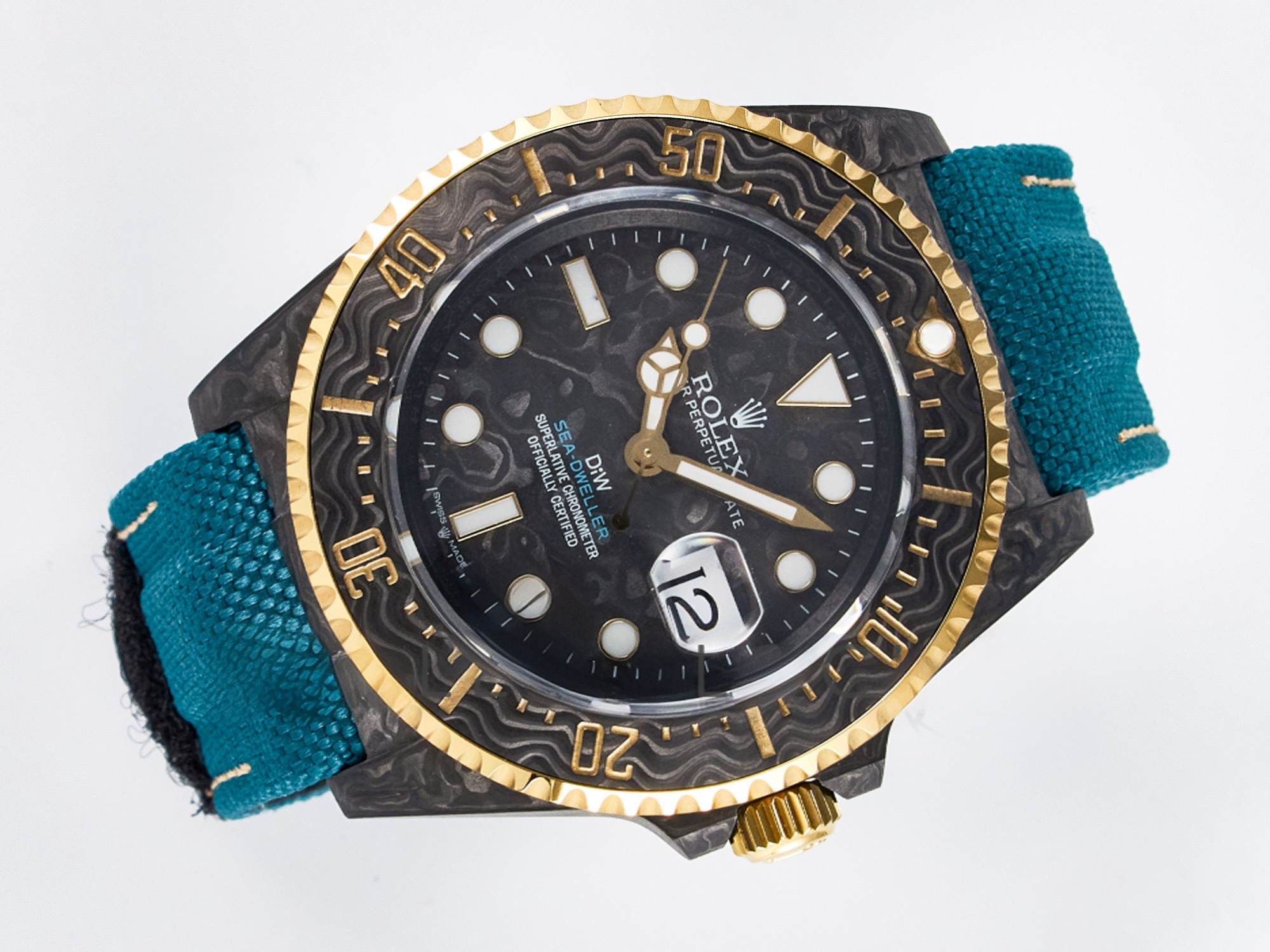 Rolex Sea Dweller 43mm Carbon DIWF Best Edition Black Dial YG Bezel on Blue Nylon Strap A2824-fasswatch