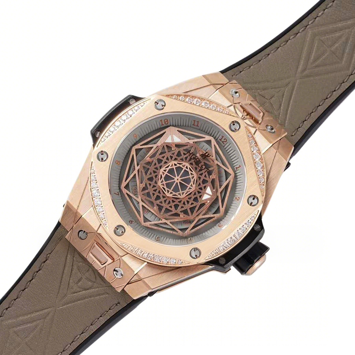Hublot Big Bang Unico Sang Bleu in Rose Gold with Diamond Bezel on Brown Leather Strap-fasswatch