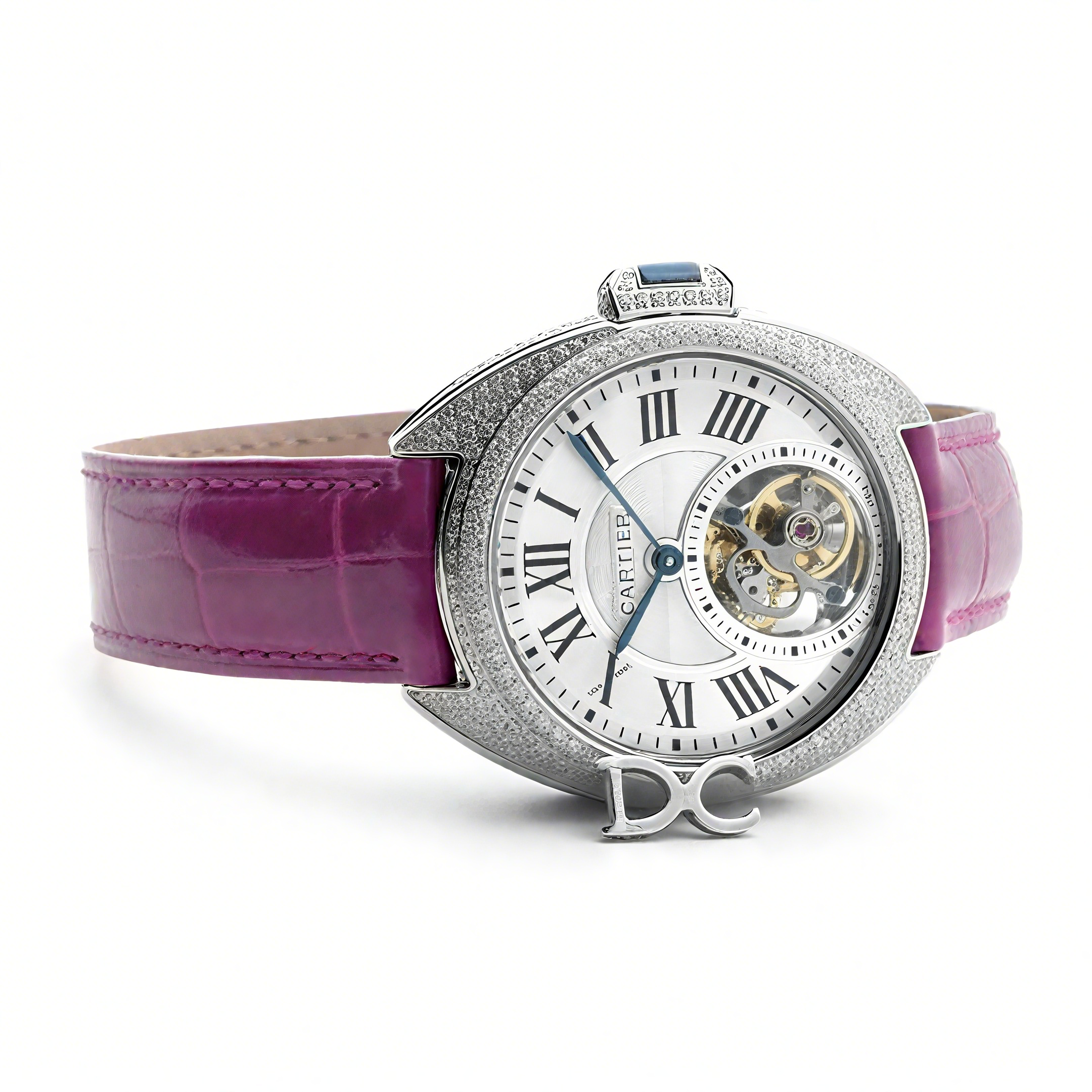 Cle de Cartier Tourbillon with Diamond Bezel in White Gold 35mm on Pink Leather Strap-fasswatch