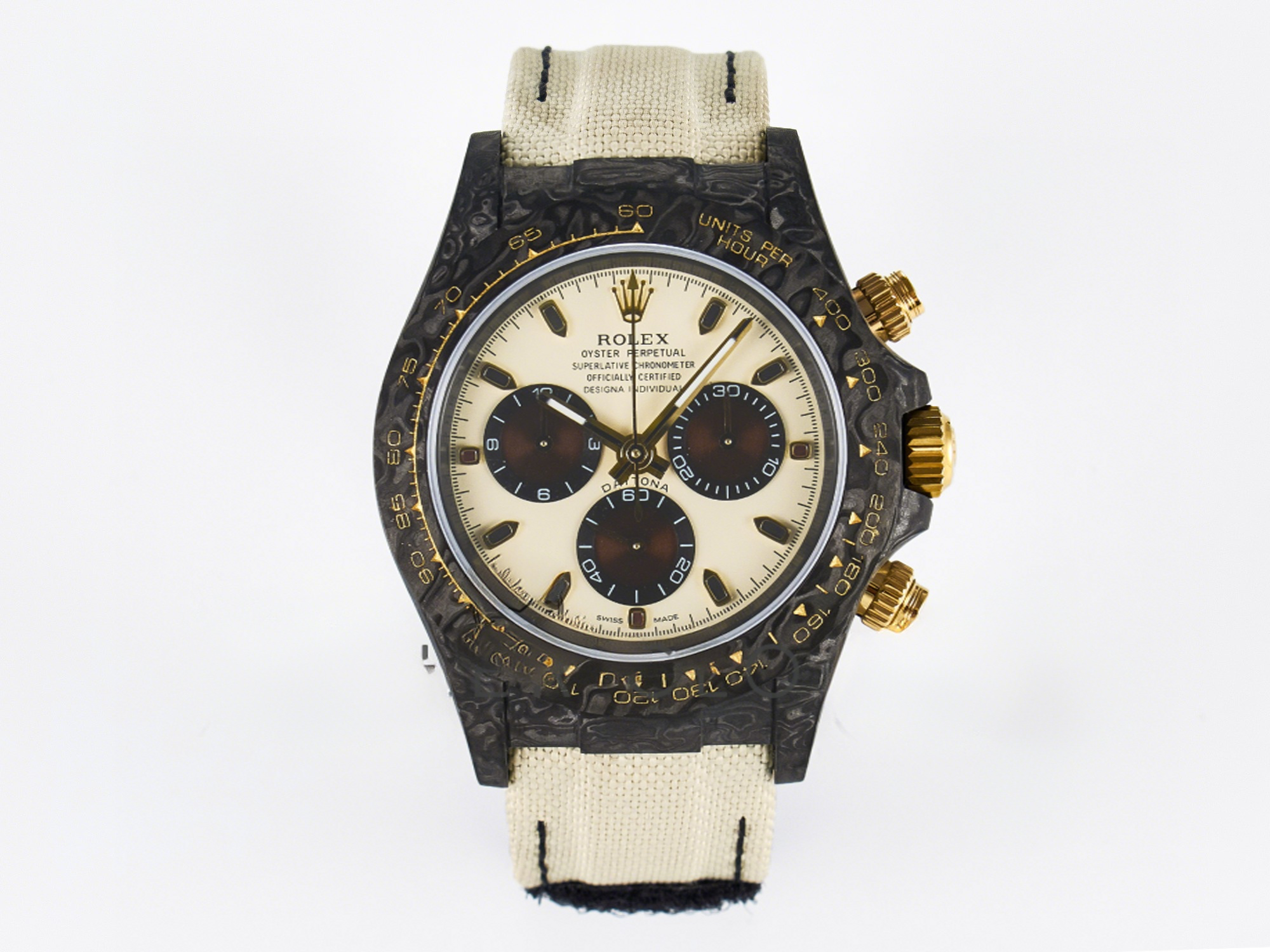 Rolex Daytona DIW Carbon Case DIWF Edition Cream/Brown Dial on White Nylon Strap A7750-fasswatch