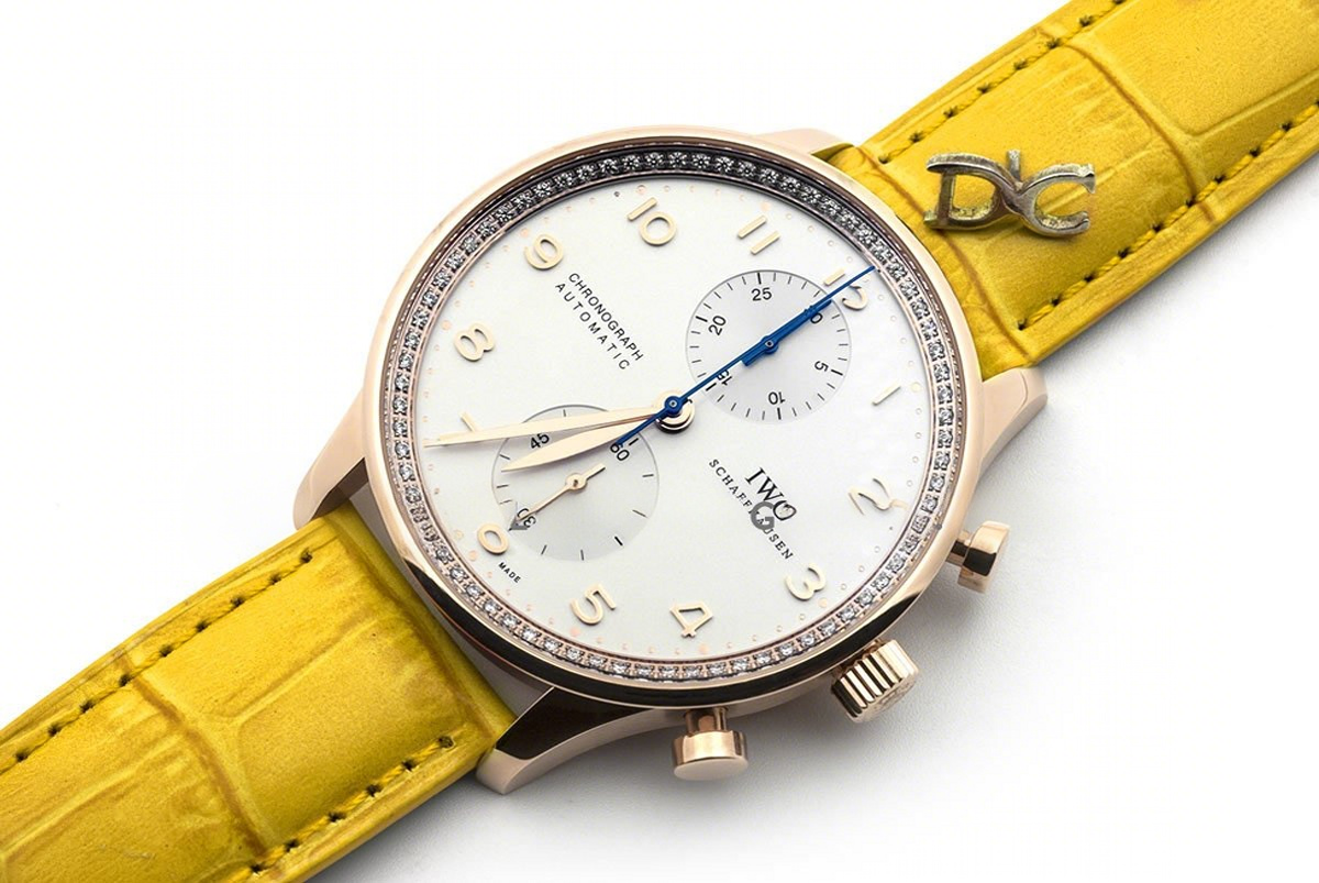 IWC Portugieser Chronograph Automatic White Dial in Rose Gold on Yellow Leather Strap-fasswatch