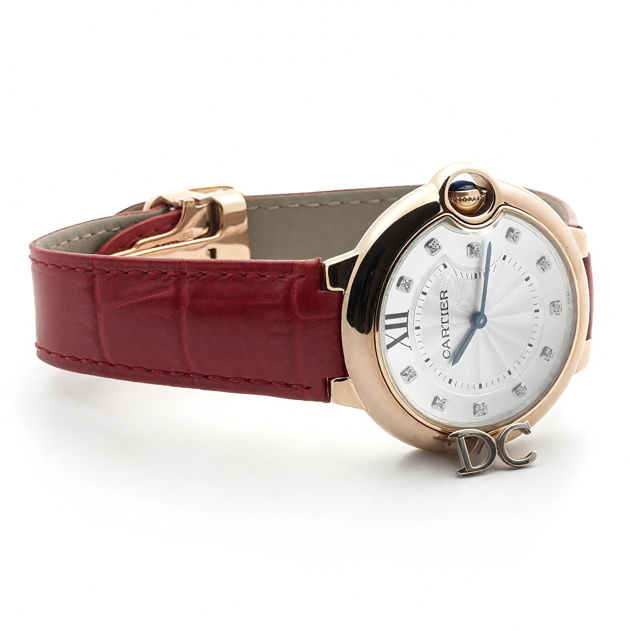 Ballon Bleu de Cartier 33mm White Dial in Rose Gold on Red Leather Strap-fasswatch