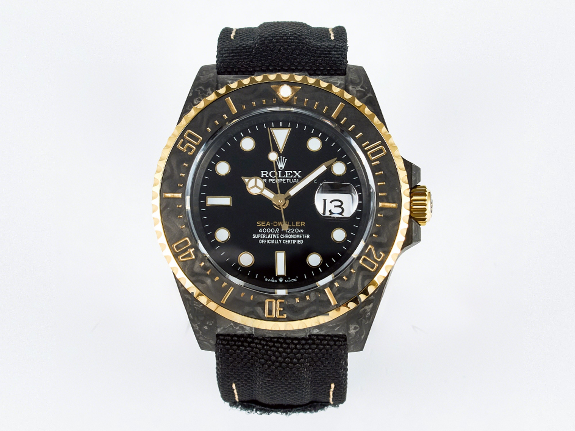 Rolex Sea Dweller 43mm Carbon DIWF Best Edition Black Dial YG Bezel on Black Nylon Strap A2824-fasswatch
