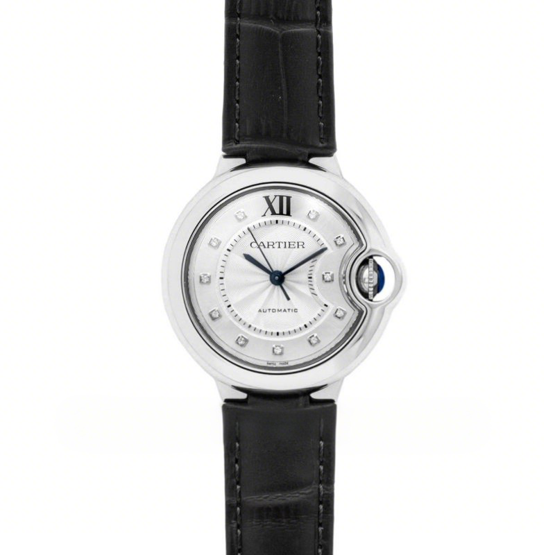 Cartier Ballon Bleu De Cartier 33mm Silver Dial with Diamond Markers in Steel on Black Leather Strap-fasswatch