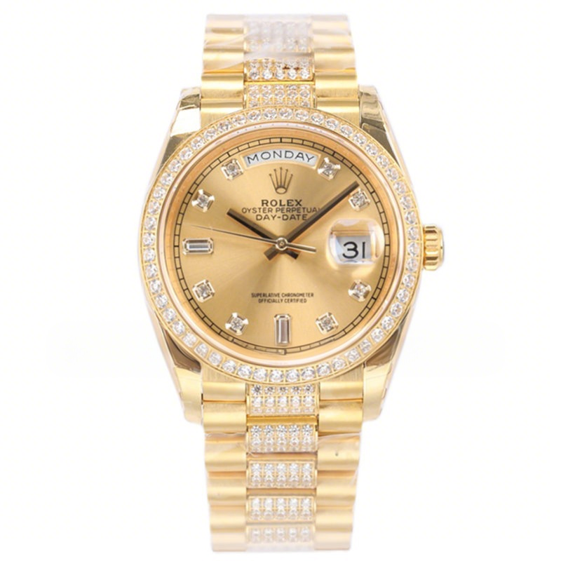 Rolex Day-Date 36 128348RBR Champagne Dial with Diamond Markers and Bezel in Yellow Gold-fasswatch