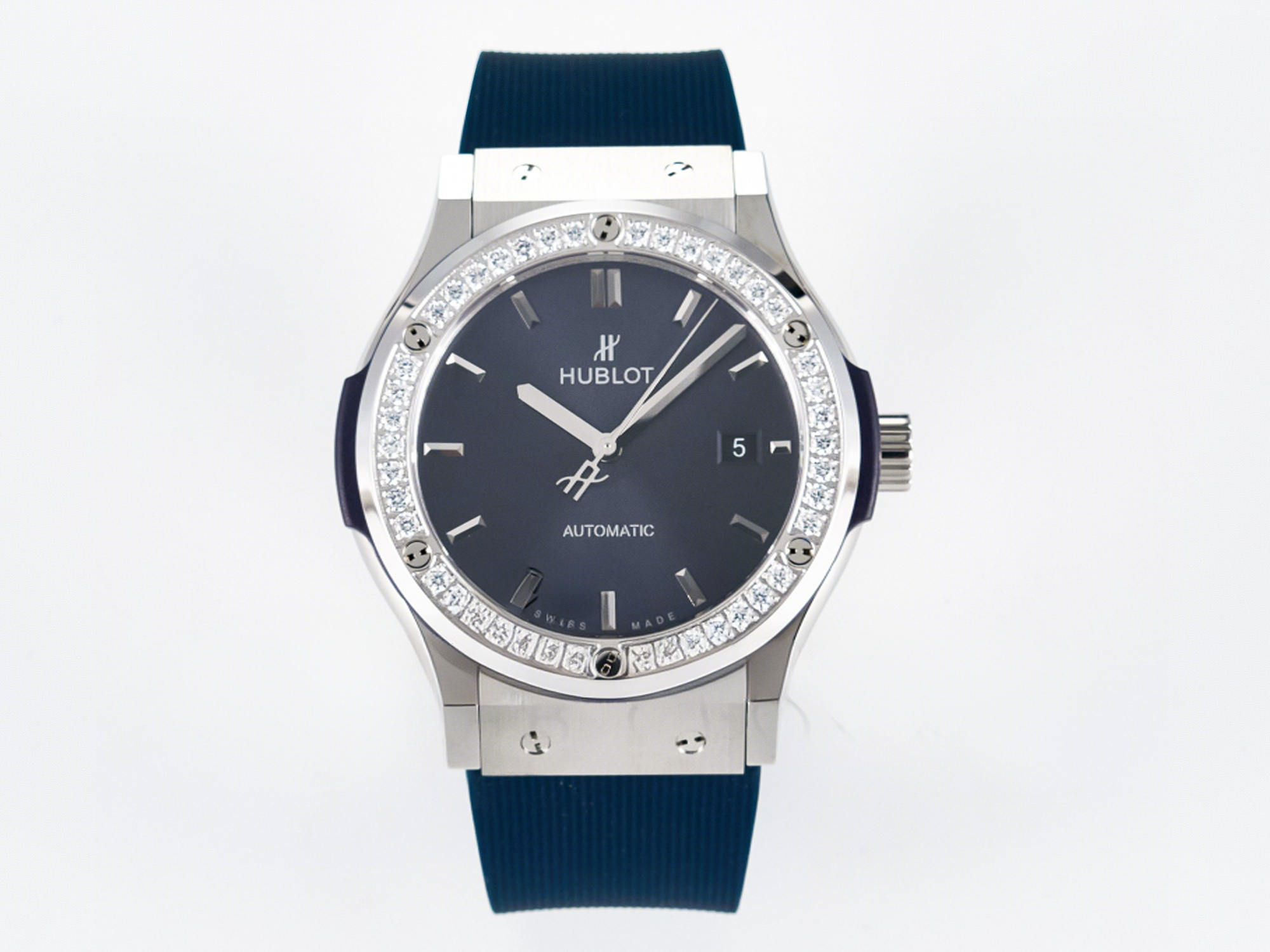 Hublot Classic Fusion Bang 42mm HBF 1:1 Best Edition Blue Dial Diamonds Bezel on Blue Rubber Strap A2892-fasswatch
