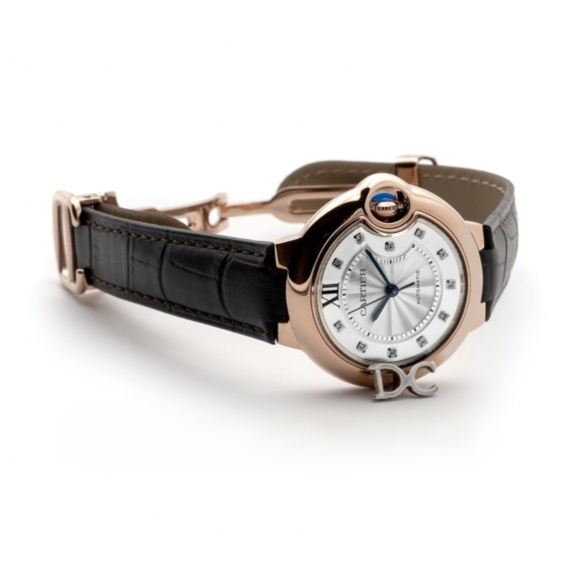 Cartier Ballon Bleu De Cartier 36mm White Dial with Diamond Markers in Pink Gold on Brown Leather Strap-fasswatch