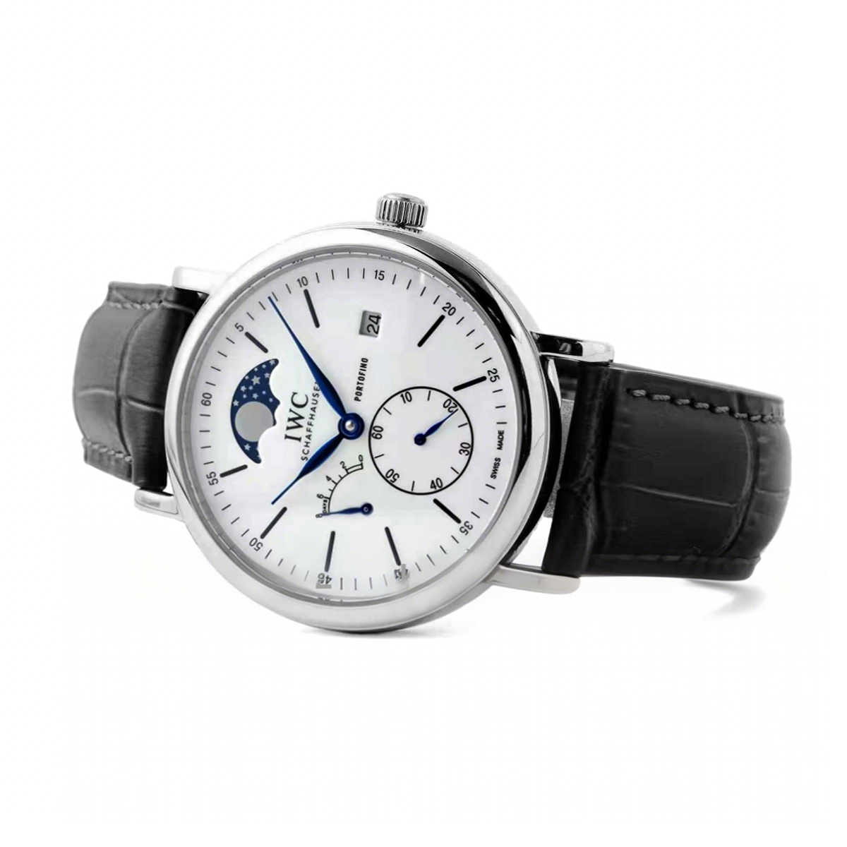 IWC Portofino Hand Wound Moon Phrase IW516406 White Dial in Steel-fasswatch