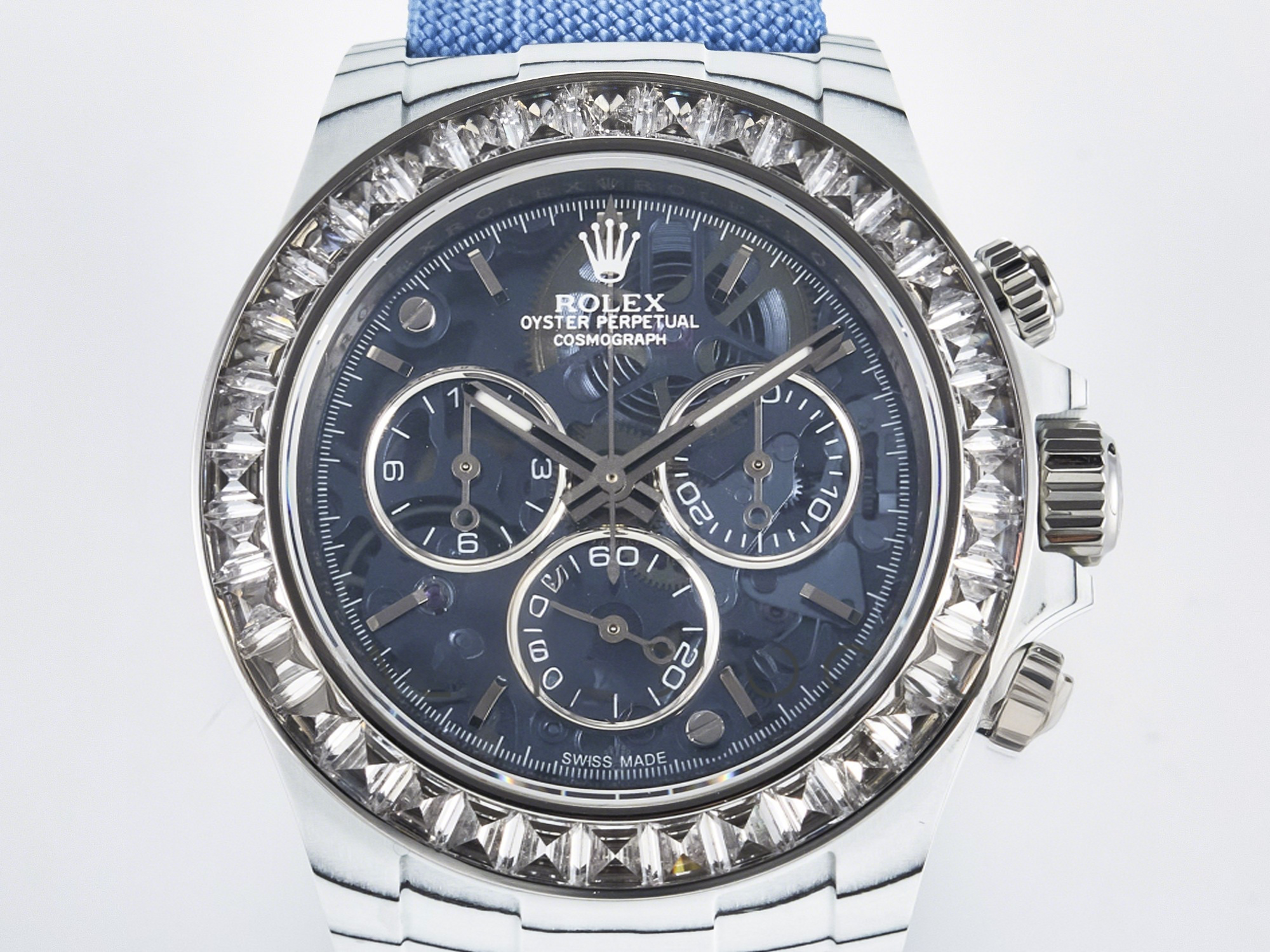 Rolex Daytona ZIF REMOULD White Carbon GETF Best Edition Blue Skeleton Dial Diamonds Bezel on Blue Nylon Strap DD4802-fasswatch