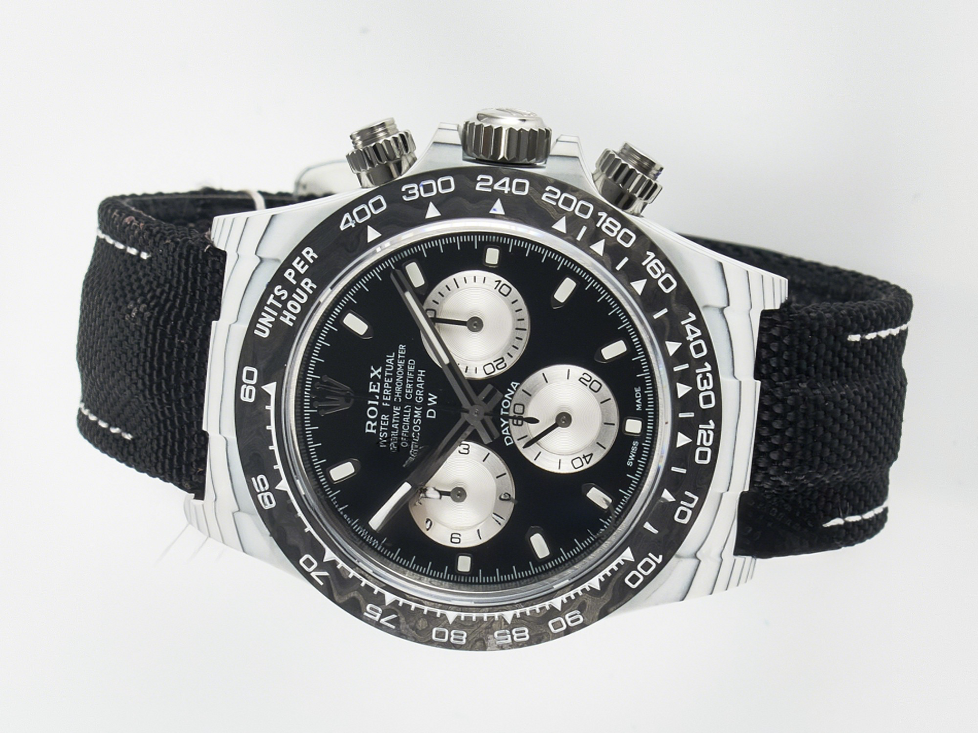 Rolex Daytona DIW White Carbon Case N6F Edition Black/White Dial on Black Nylon Strap A4130-fasswatch