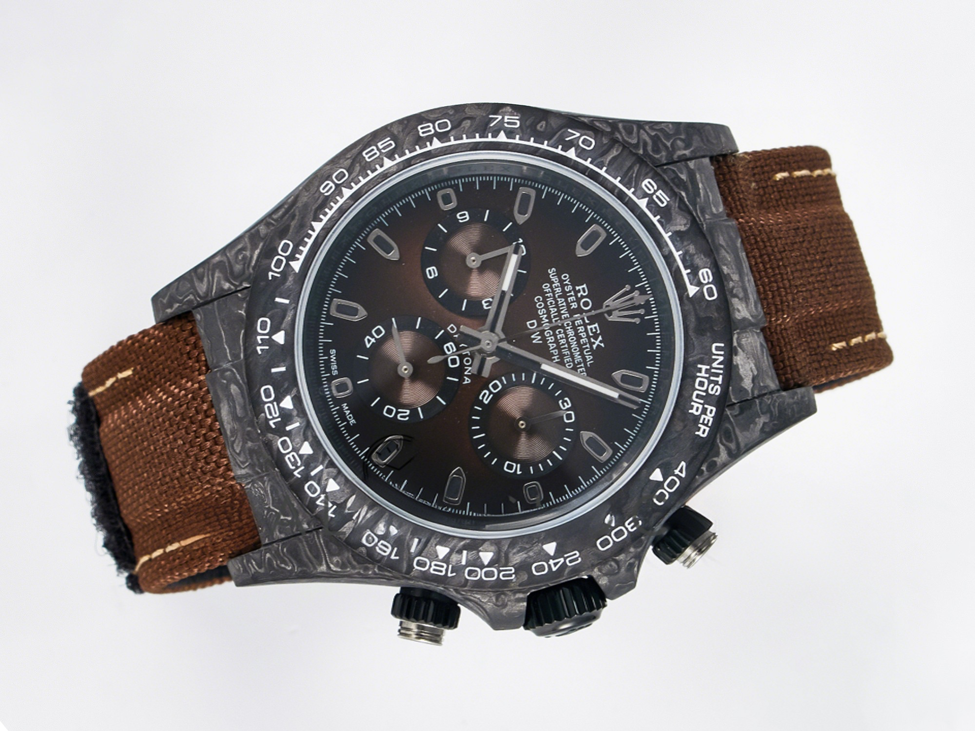 Rolex Daytona DIW Carbon/SS Case and Bezel DIWF Edition Brown Dial on Brown Nylon Strap A7750-fasswatch