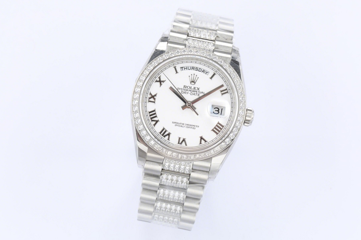 Rolex Day-Date 36 128349RBR White Dial with Diamond Bezel in White Gold-fasswatch