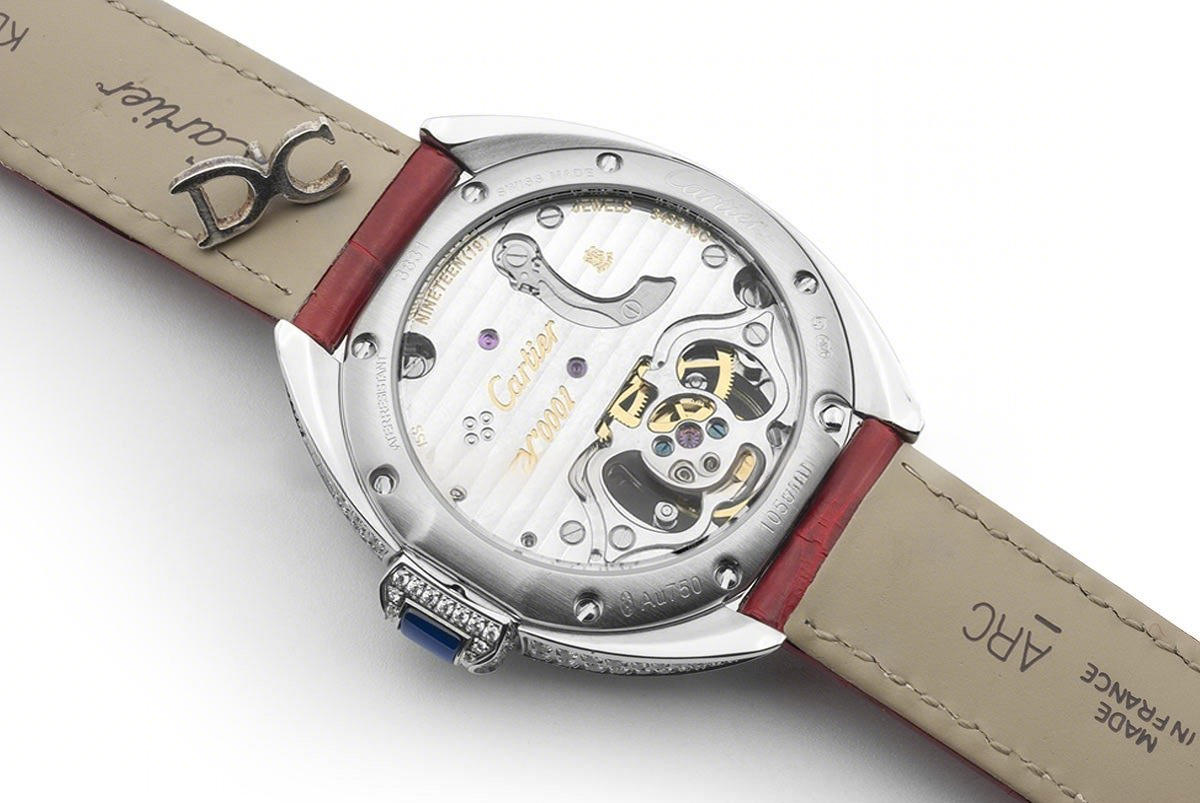 Cle de Cartier Tourbillon with Diamond Bezel in White Gold 35mm on Red Leather Strap-fasswatch