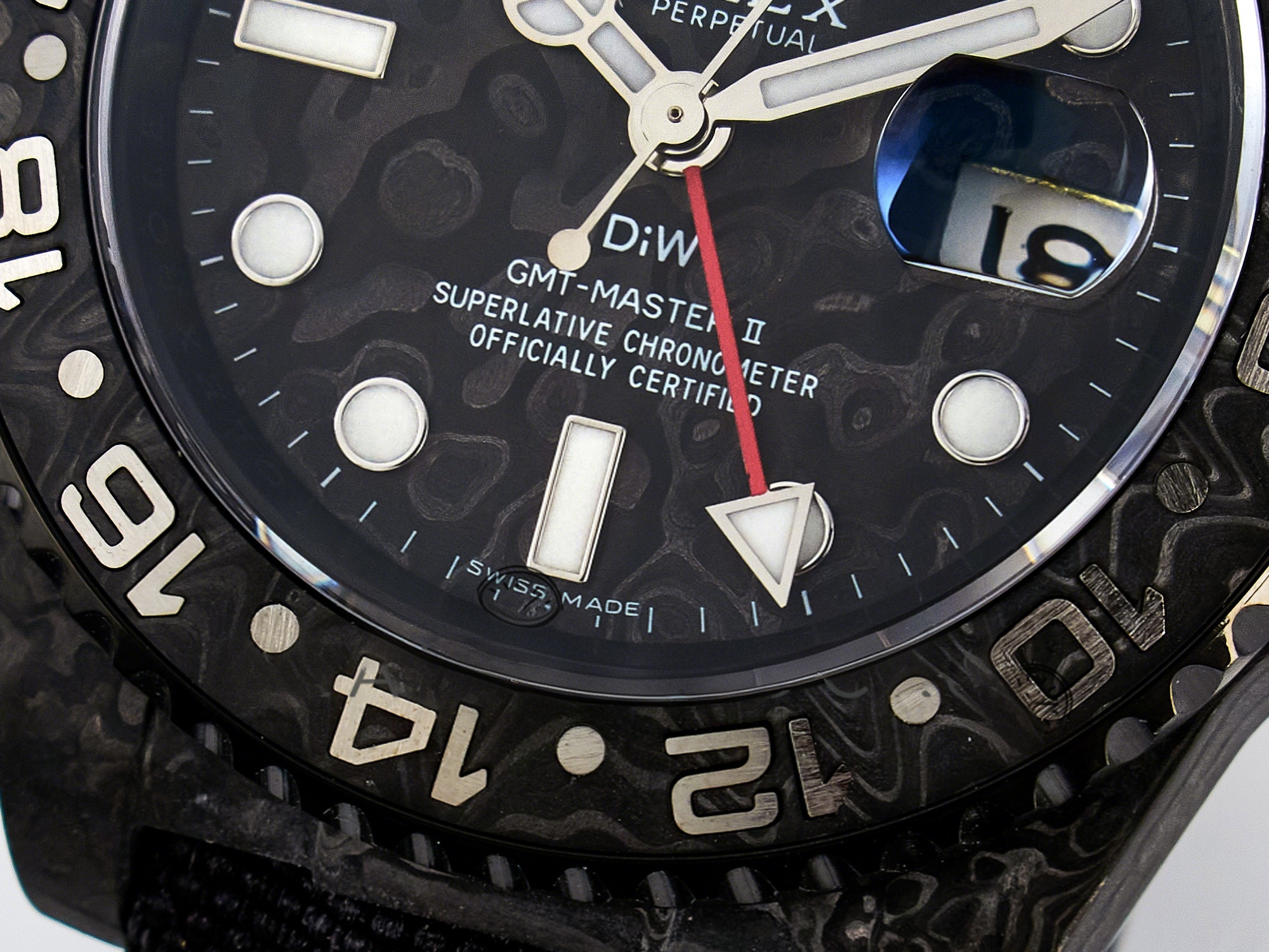 Rolex GMT Carbon DIWF Best Edition Black Carbon Dial SS Markers on Black Nylon Strap SA3285 CHS V2-fasswatch