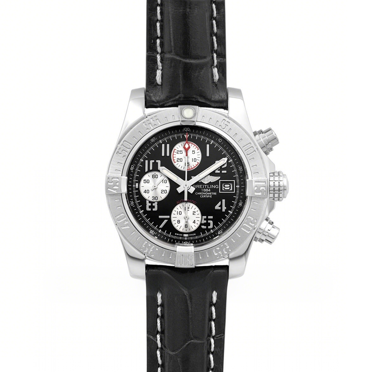 Breitling Colt Chronograph 44mm Black Dial in Steel on Black Leather Strap-fasswatch