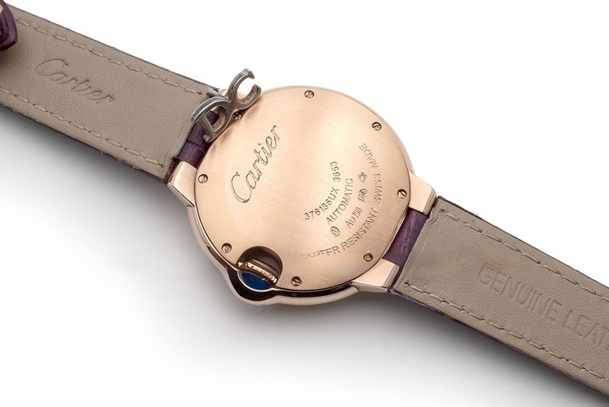 Cartier Ballon Bleu De Cartier 36mm White Dial with Diamond Markers in Pink Gold on Purple Leather Strap-fasswatch