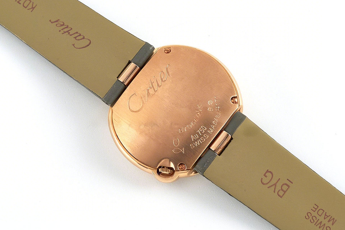 Cartier Ballon Blanc 30mm Silver Dial with Diamond Bezel in Rose Gold on Grey Leather Strap-fasswatch