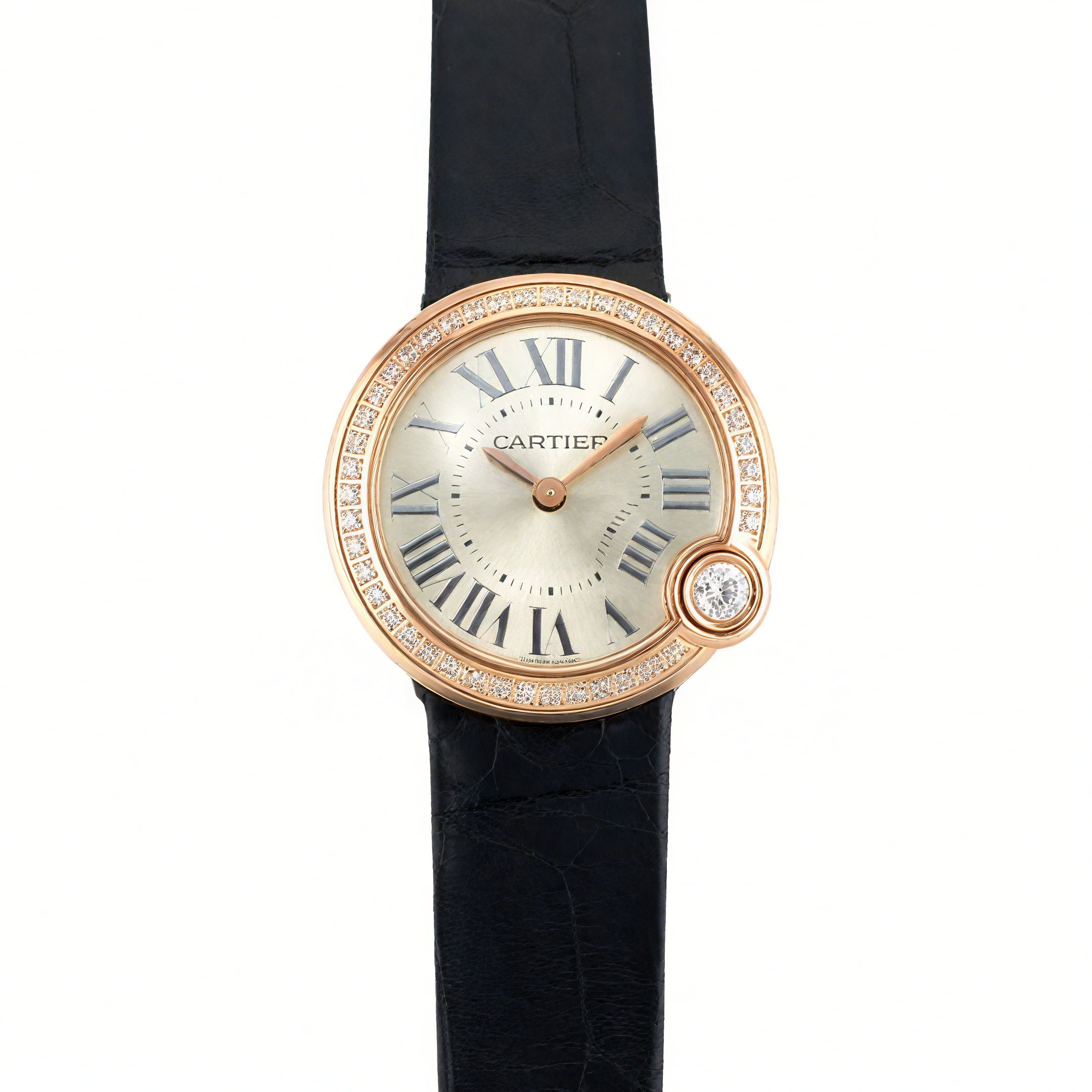 Cartier Ballon Blanc 30mm Silver Dial with Diamond Bezel in Rose Gold on Black Leather Strap-fasswatch