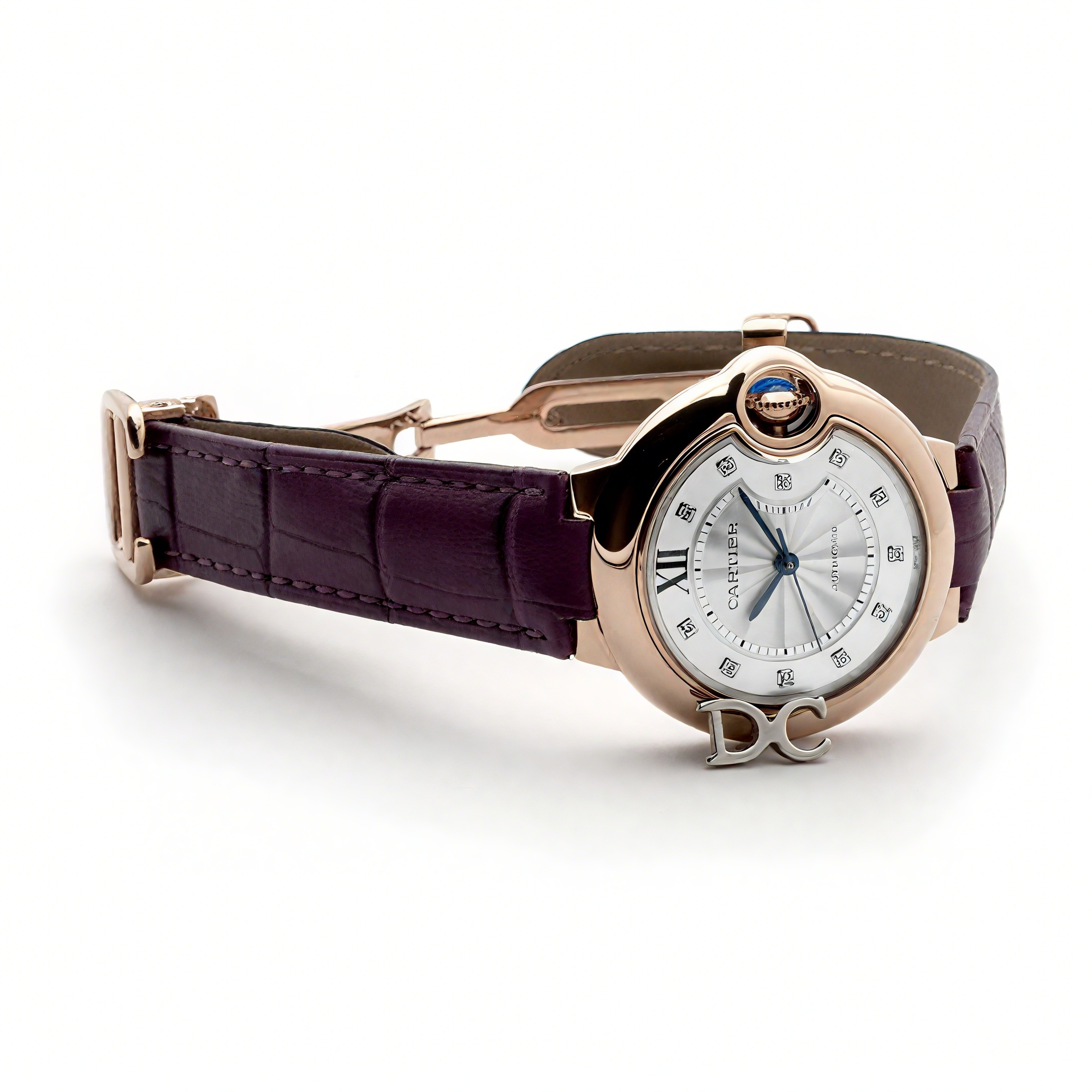 Cartier Ballon Bleu De Cartier 36mm White Dial with Diamond Markers in Pink Gold on Purple Leather Strap-fasswatch