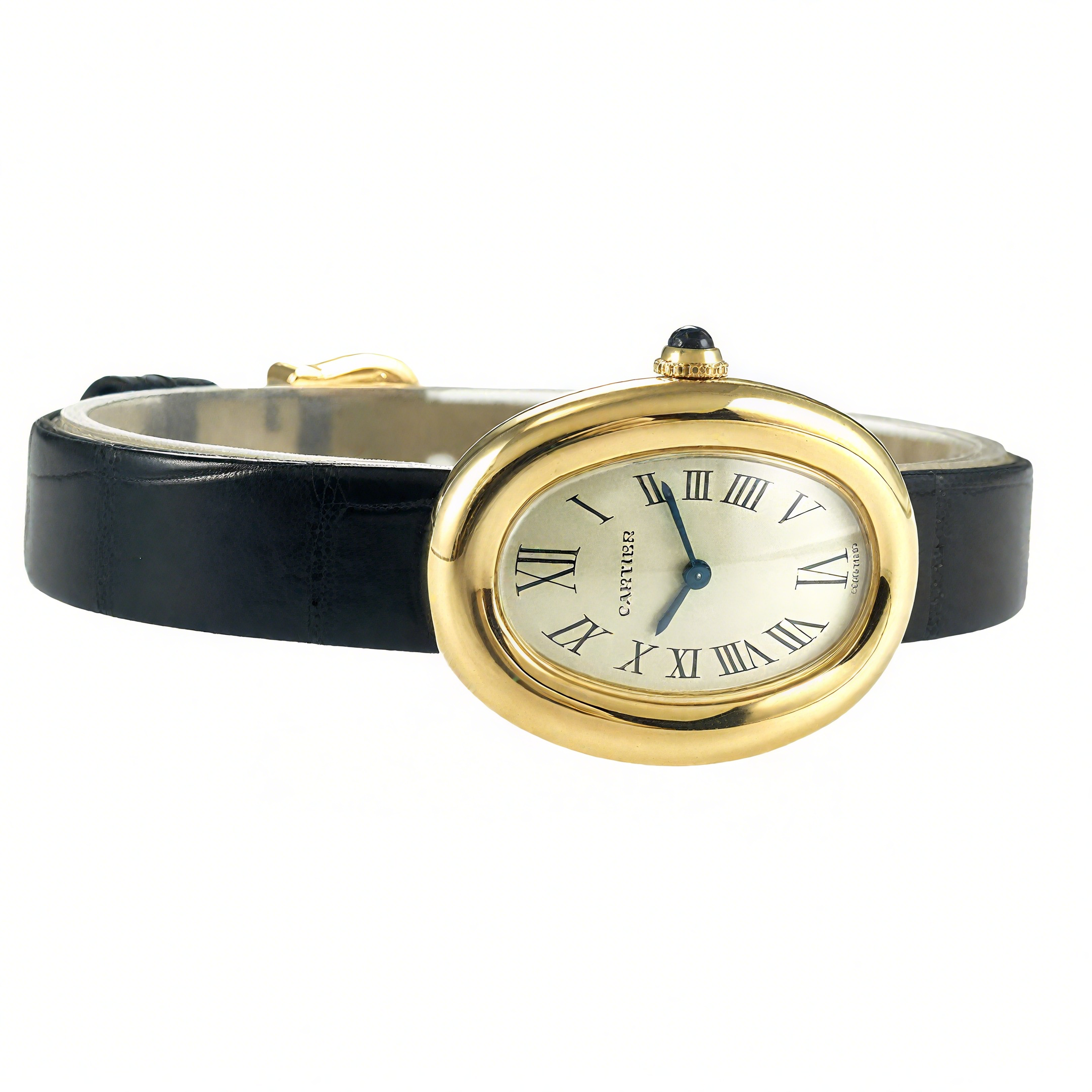 Cartier Baignoire Watch Mini Silver Dial in Yellow Gold on Black Leather Strap-fasswatch